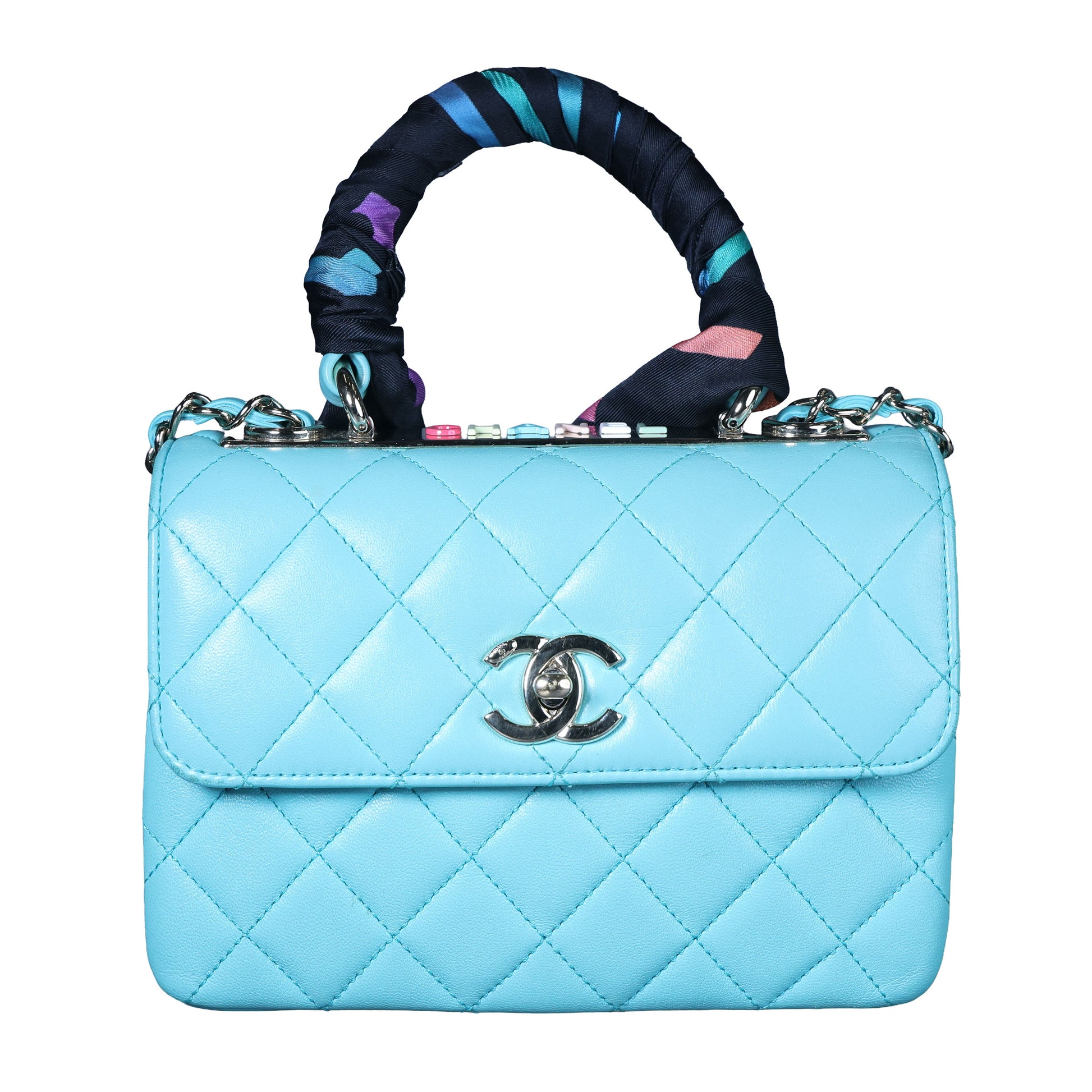 Preowned CHANEL Mini Flap Bag Top Handle Tiffany Blue Lambskin | Luxe Again Maison