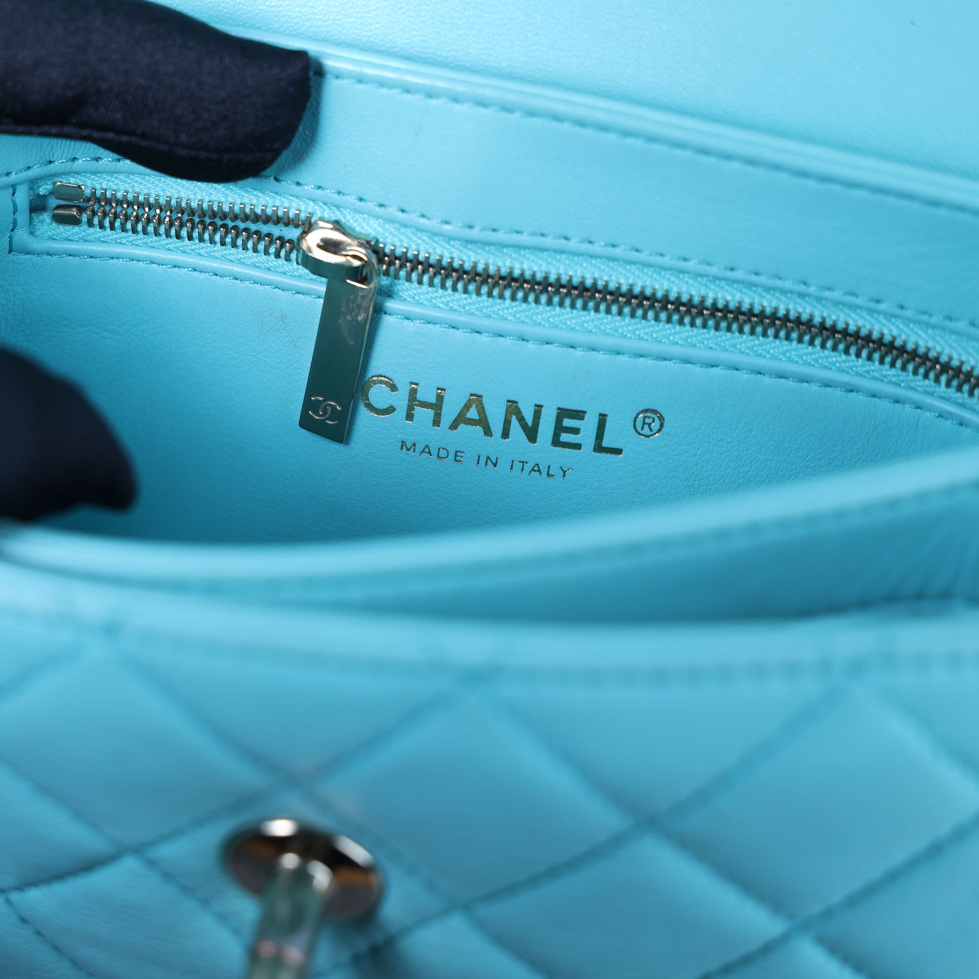 Preowned CHANEL Mini Flap Bag Top Handle Tiffany Blue Lambskin | Luxe Again Maison