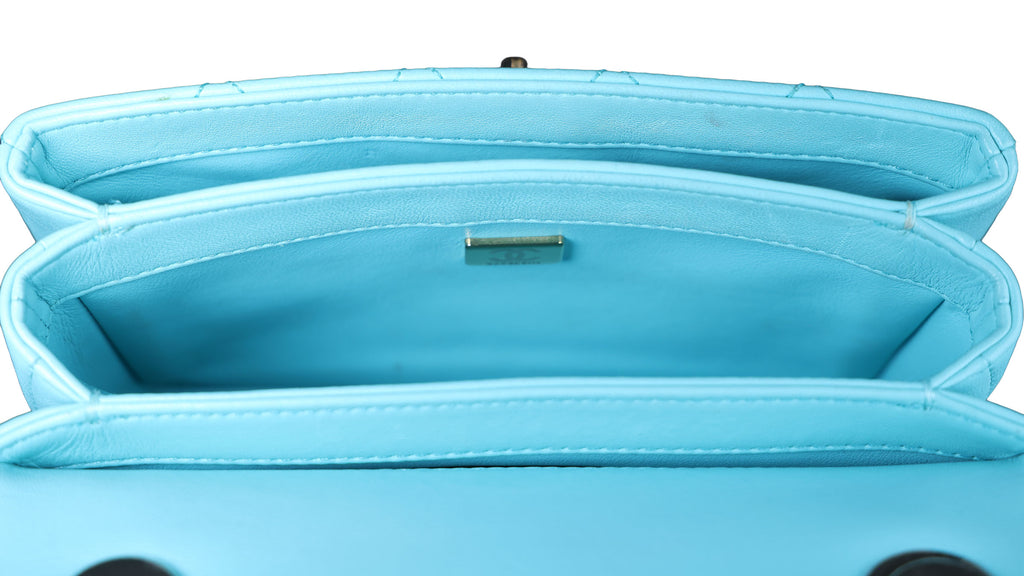 Preowned CHANEL Mini Flap Bag Top Handle Tiffany Blue Lambskin | Luxe Again Maison