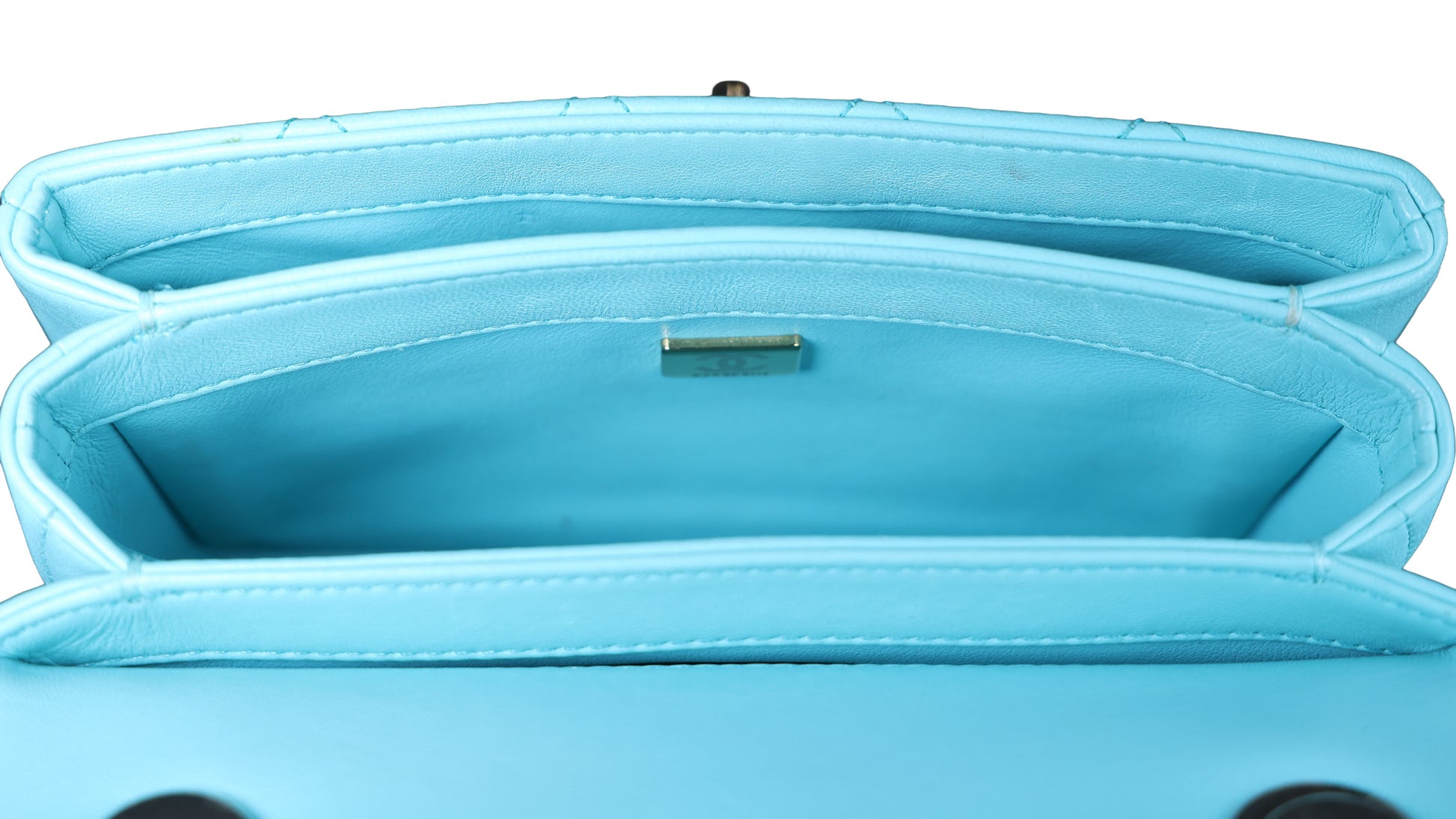 Preowned CHANEL Mini Flap Bag Top Handle Tiffany Blue Lambskin | Luxe Again Maison