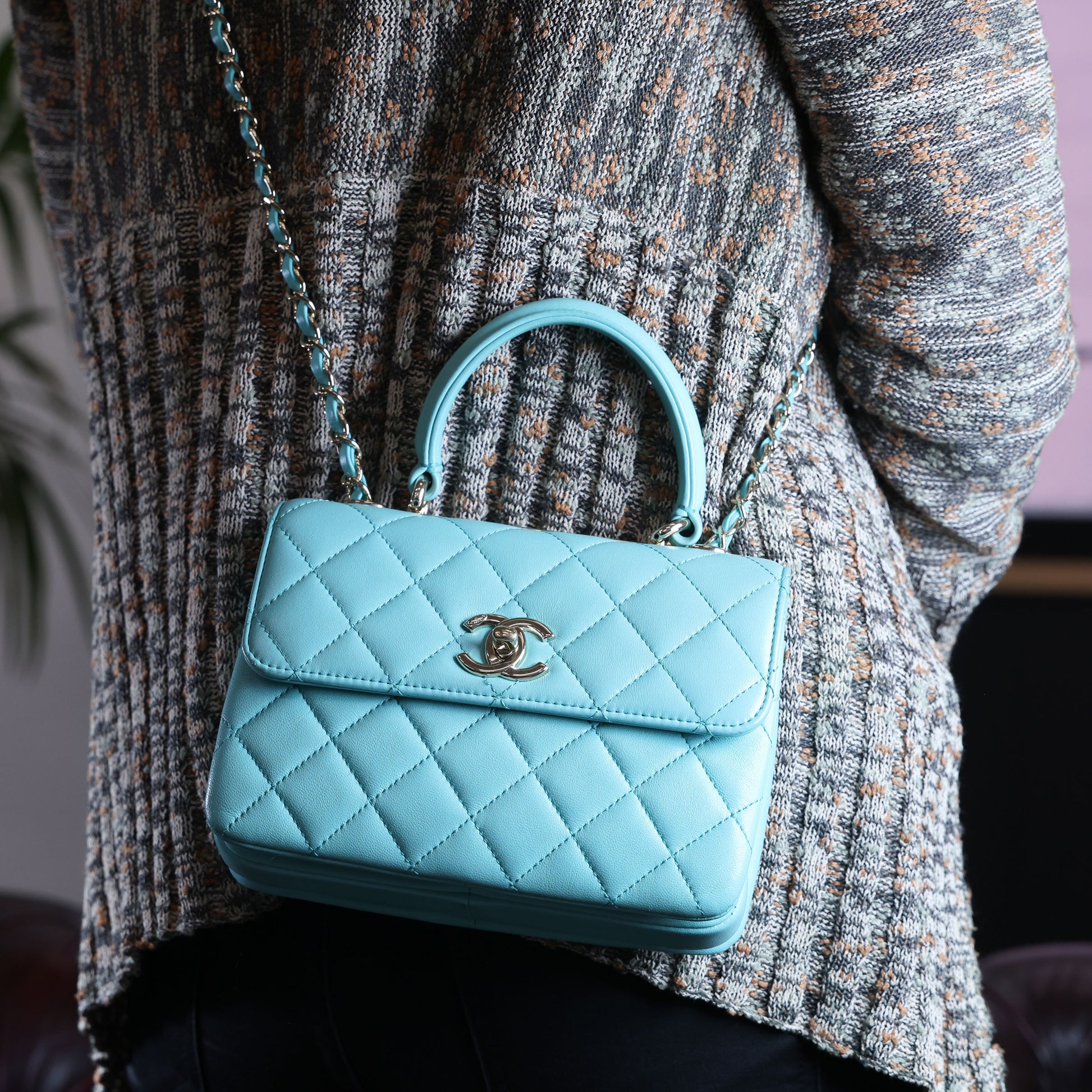 Preowned CHANEL Mini Flap Bag Top Handle Tiffany Blue Lambskin | Luxe Again Maison