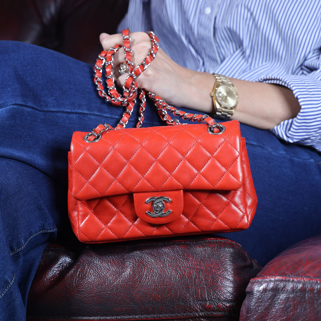 Preowned CHANEL Mini Single Flap Double Chain Matelasse Lambskin SHW Red Bag | Luxe Again Maison