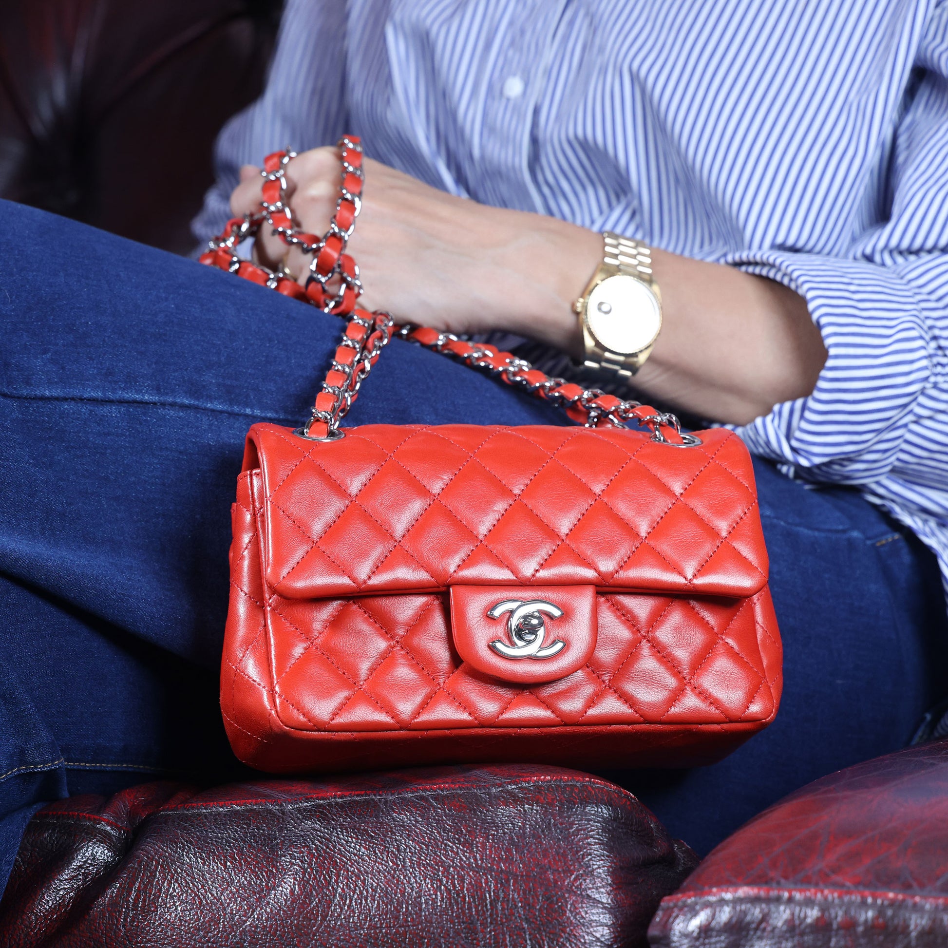 Preowned CHANEL Mini Single Flap Double Chain Matelasse Lambskin SHW Red Bag | Luxe Again Maison