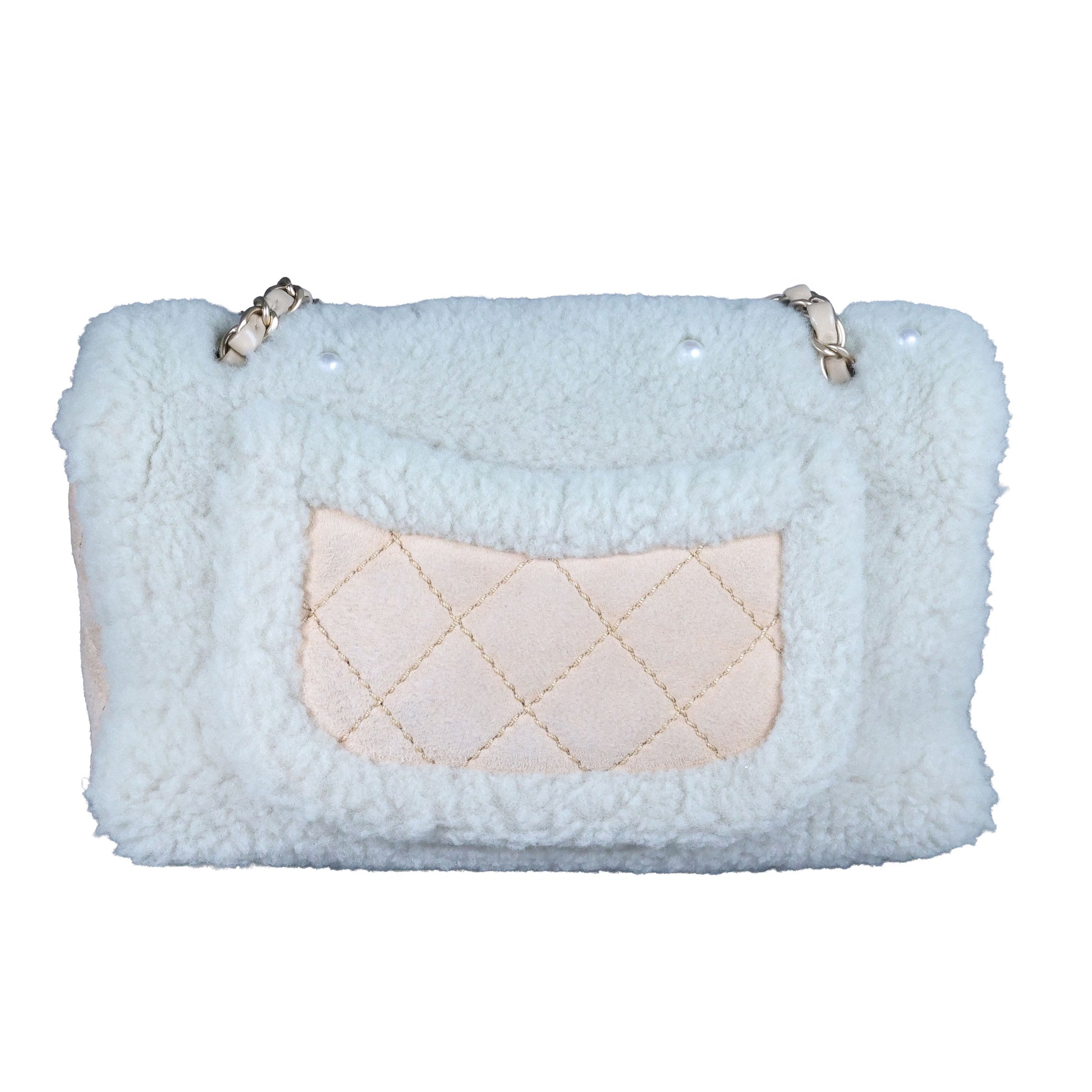 Preowned CHANEL Pearl Mouton Fur Single Flap Double Chain Bag | Luxe Again Maison