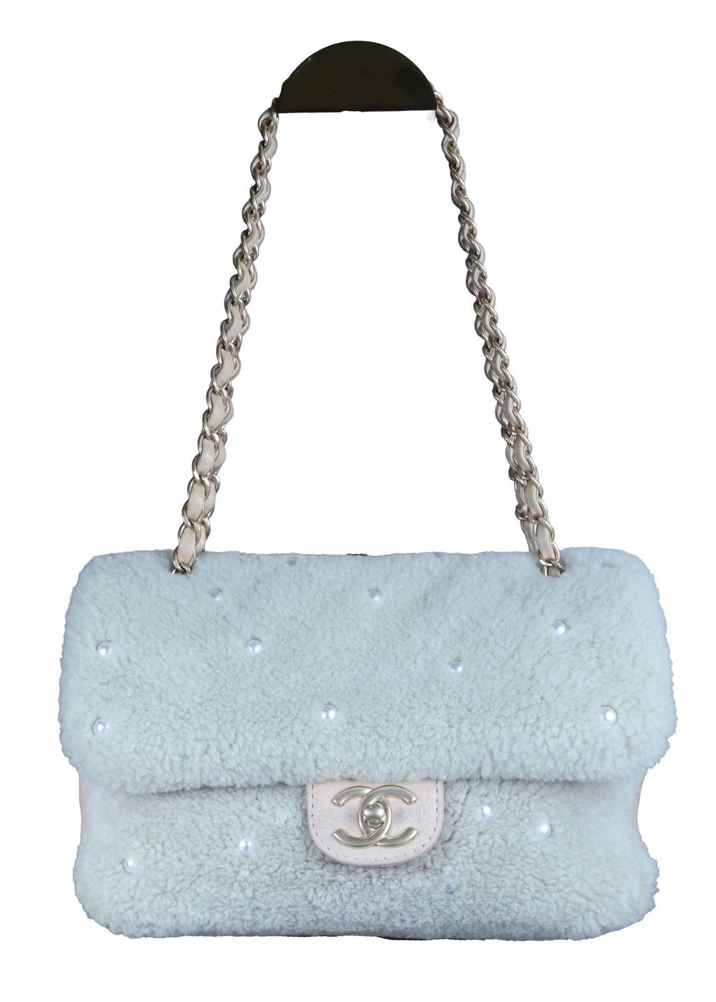 Preowned CHANEL Pearl Mouton Fur Single Flap Double Chain Bag | Luxe Again Maison
