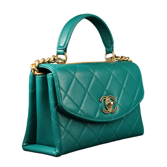 Preowned CHANEL Trendy CC Top Handle Quilted Lambskin Green  | Luxe Again Maison