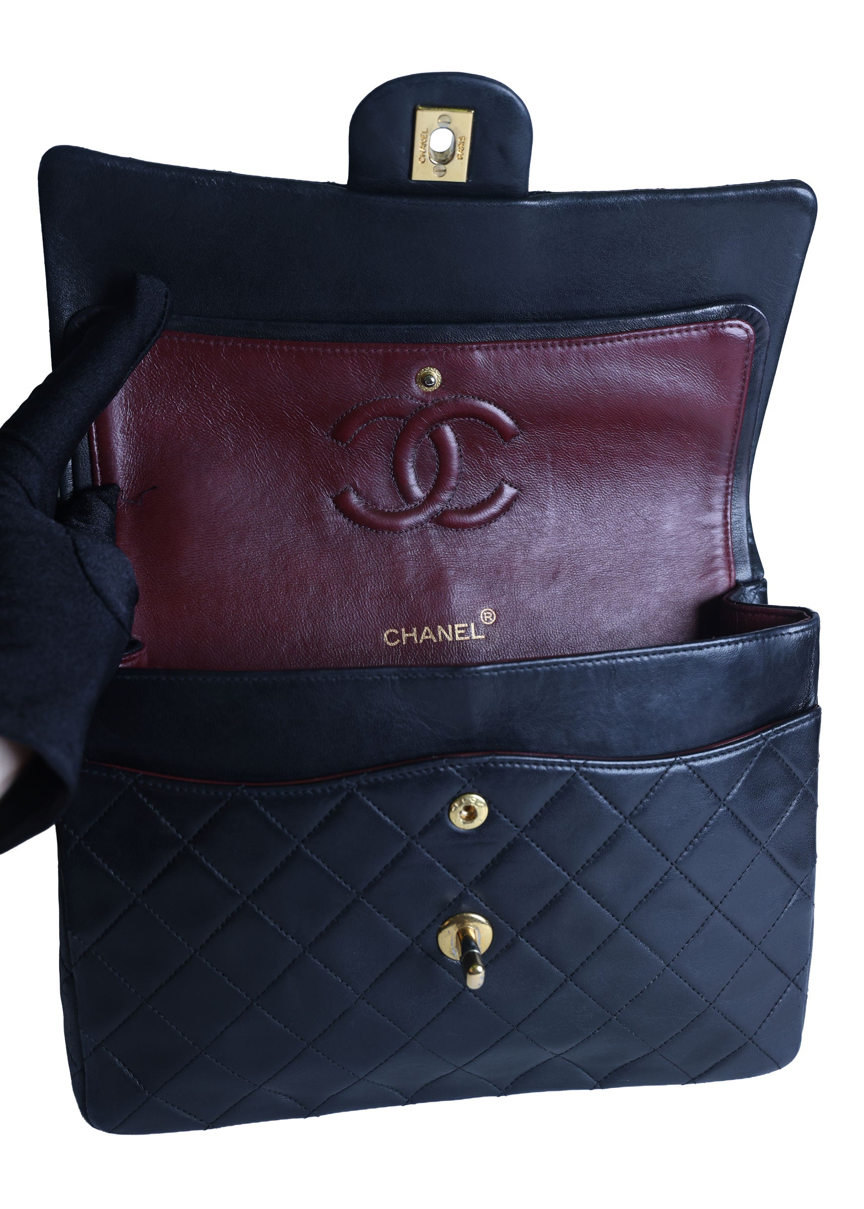 Preowned CHANEL Vintage Classic 11.12 (Medium Double Flap) Handbag Black Gold Hardware 1XXXXX3 | Luxe Again Maison