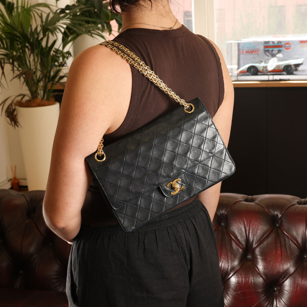 Preowned CHANEL Vintage Classic Double Flap Medium Gold Bijoux Chain Lambskin Black | Luxe Again Maison