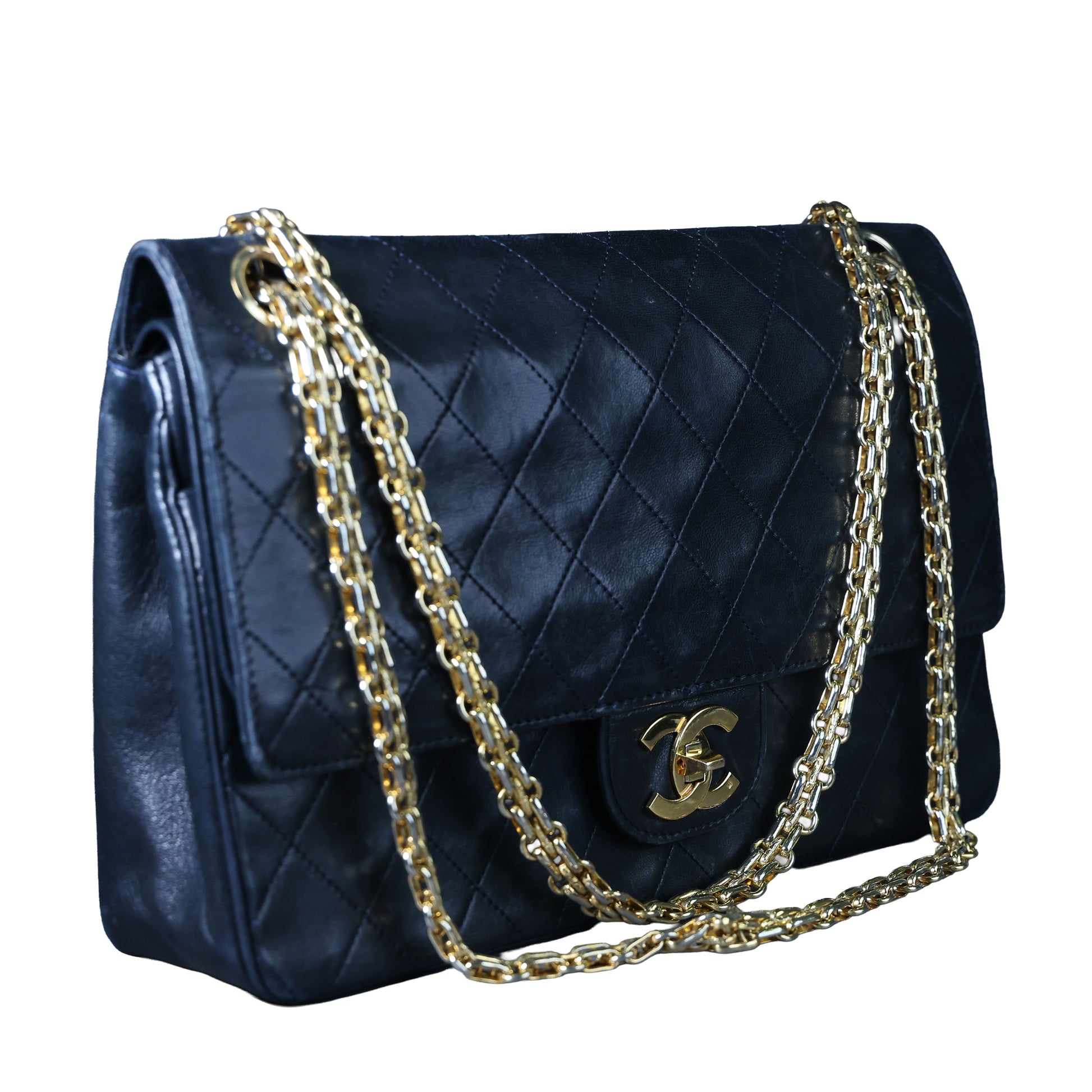 Preowned CHANEL Vintage Classic Double Flap Medium Gold Bijoux Chain Lambskin Black | Luxe Again Maison