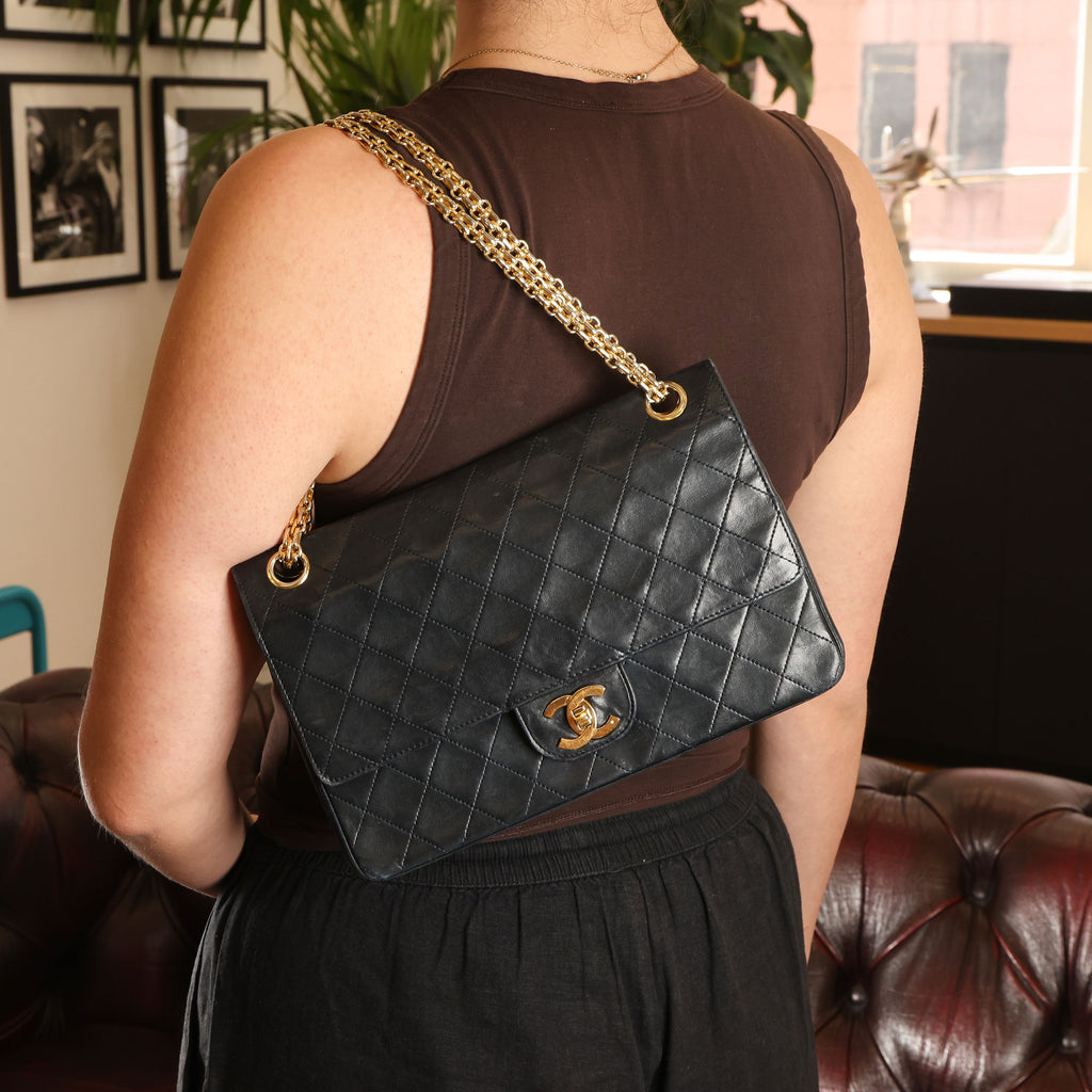 Preowned CHANEL Vintage Classic Double Flap Medium Gold Bijoux Chain Lambskin Black | Luxe Again Maison