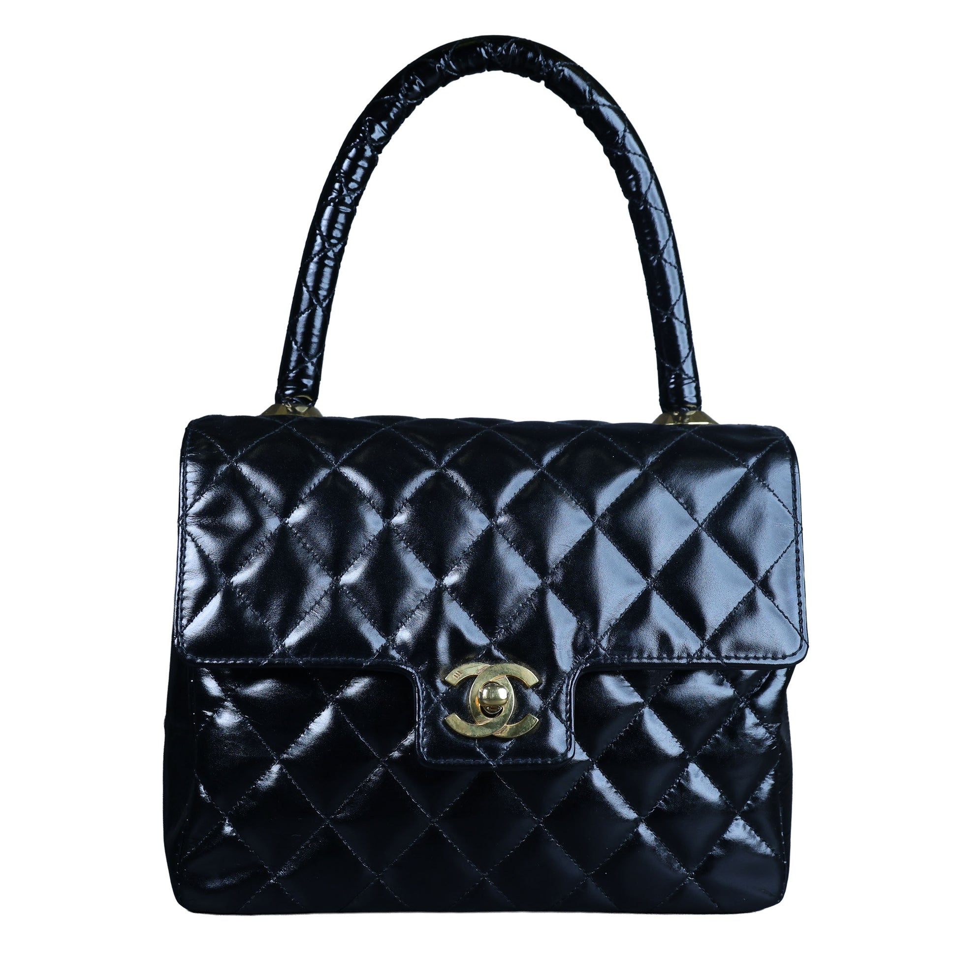 Preowned CHANEL Vintage Kelly Top Handle Matelasse Leather GHW Black | Luxe Again Maison