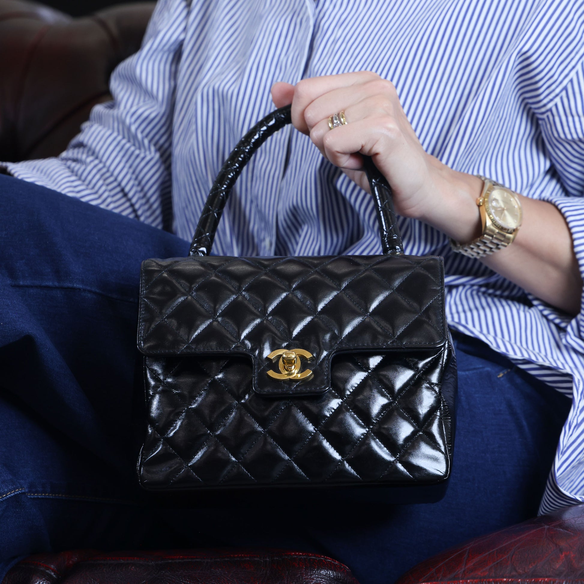 Preowned CHANEL Vintage Kelly Top Handle Matelasse Leather GHW Black | Luxe Again Maison