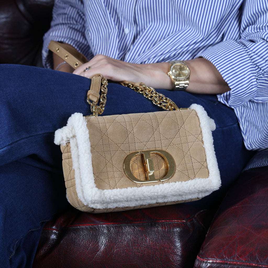 Preowned CHRISTIAN DIOR Dior Caro Suede and Shearling Flap Bag | Luxe Again Maison