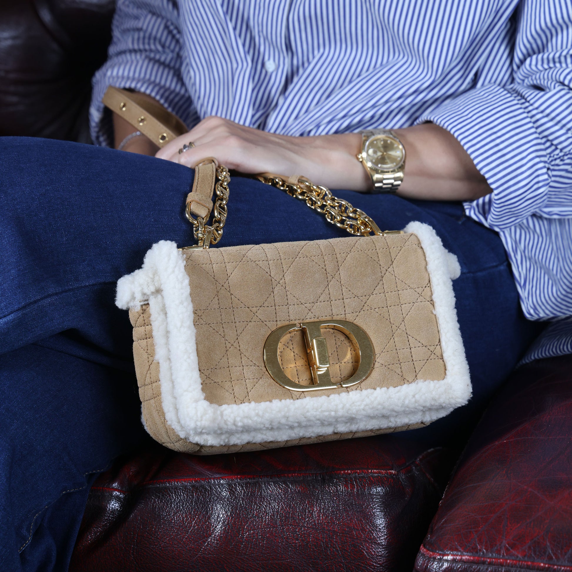 Preowned CHRISTIAN DIOR Dior Caro Suede and Shearling Flap Bag | Luxe Again Maison