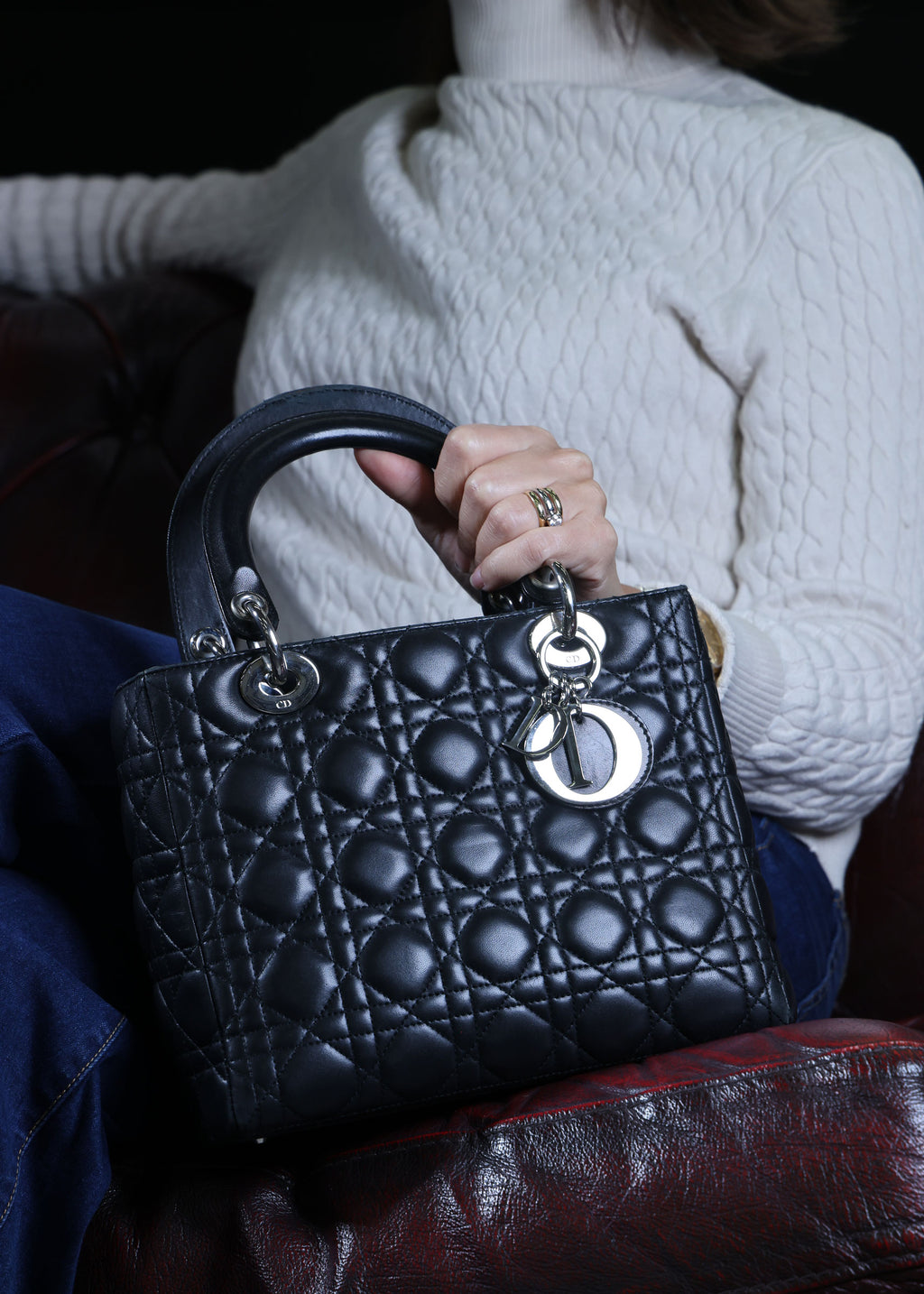 Preowned CHRISTIAN DIOR Lady Dior Black Cannage Leather Silver-Tone Hardware | Luxe Again Maison