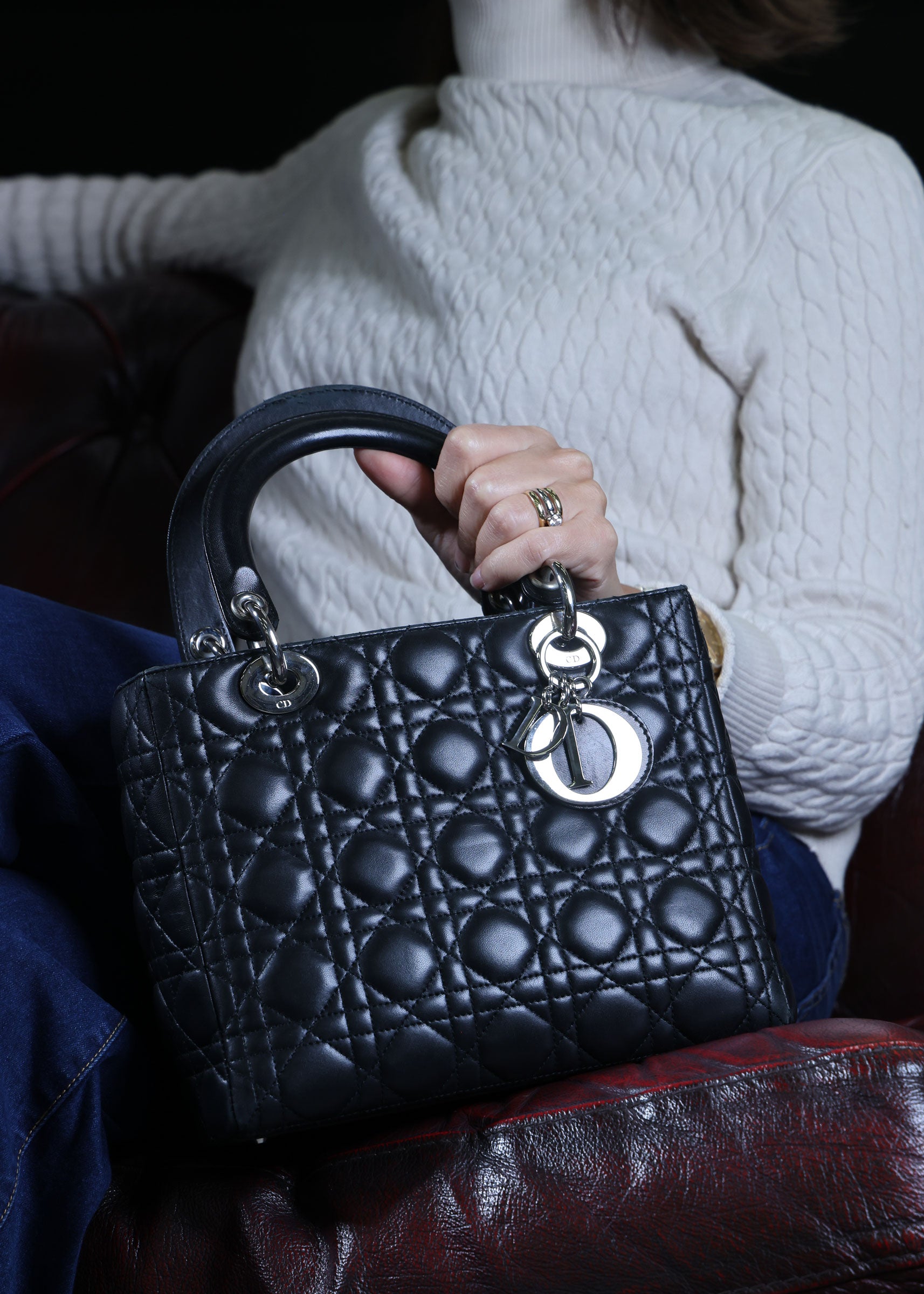 Preowned CHRISTIAN DIOR Lady Dior Black Cannage Leather Silver-Tone Hardware | Luxe Again Maison