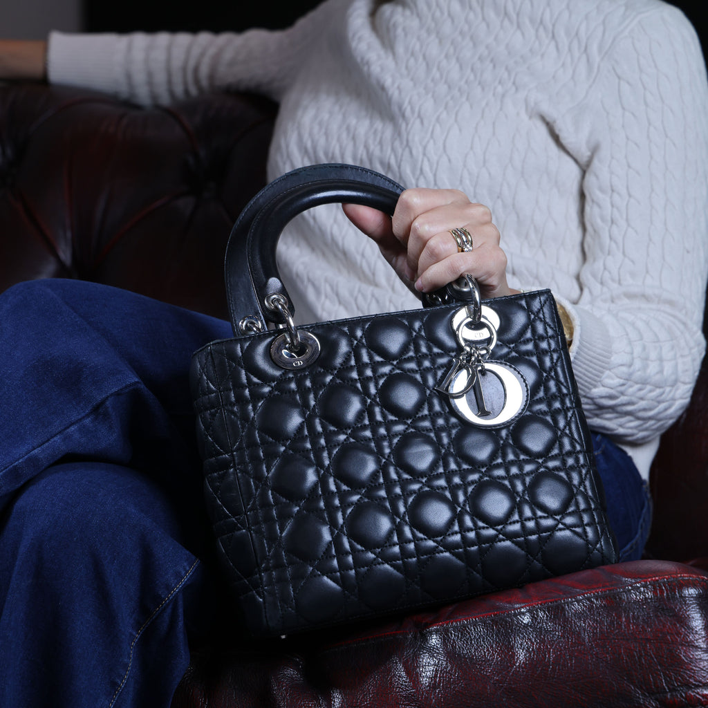 Preowned CHRISTIAN DIOR Lady Dior Black Cannage Leather Silver-Tone Hardware | Luxe Again Maison