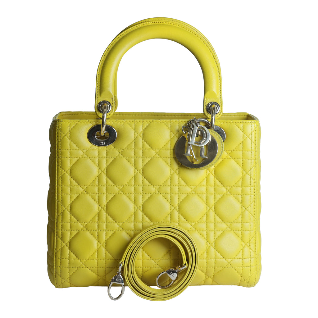 Preowned CHRISTIAN DIOR Lady Dior Cannage Leather Gold Hardware Yellow Medium | Luxe Again Maison