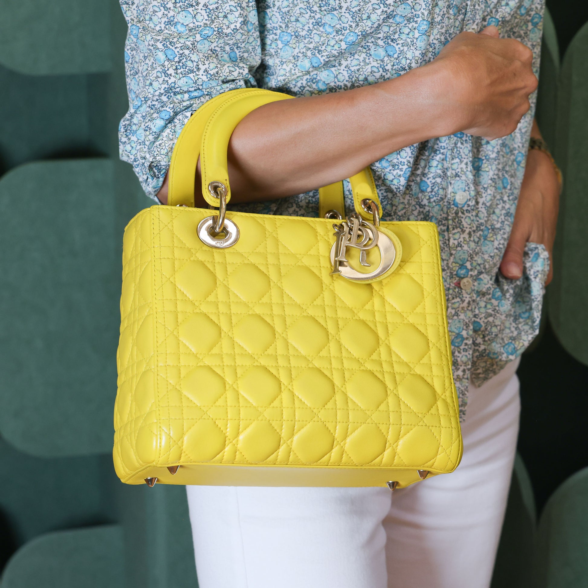 Preowned CHRISTIAN DIOR Lady Dior Cannage Leather Gold Hardware Yellow Medium | Luxe Again Maison