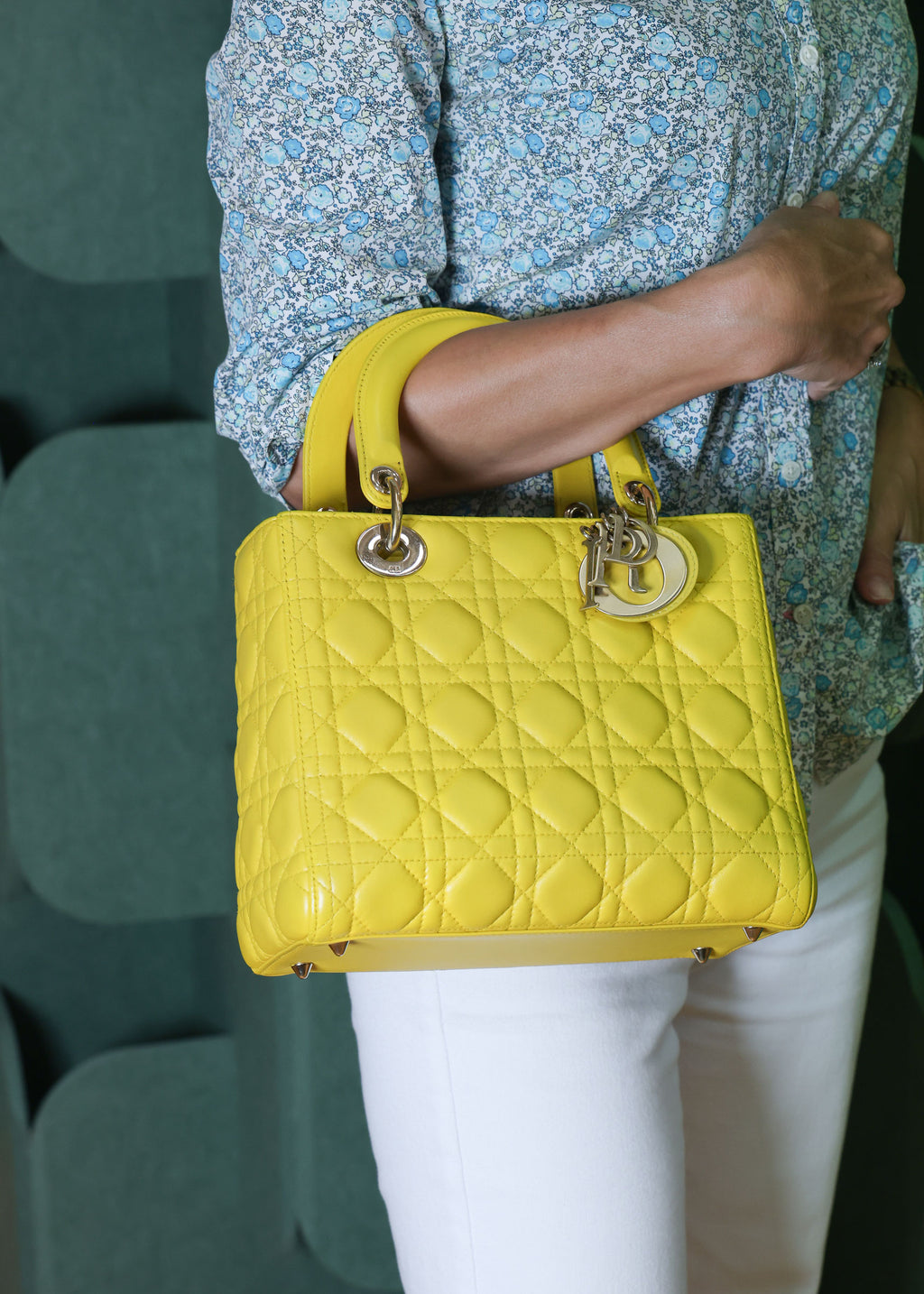 Preowned CHRISTIAN DIOR Lady Dior Cannage Leather Gold Hardware Yellow Medium | Luxe Again Maison