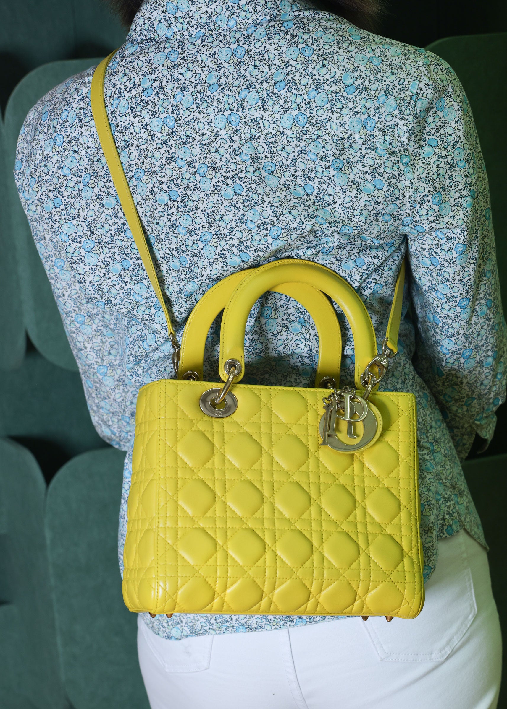 Preowned CHRISTIAN DIOR Lady Dior Cannage Leather Gold Hardware Yellow Medium | Luxe Again Maison