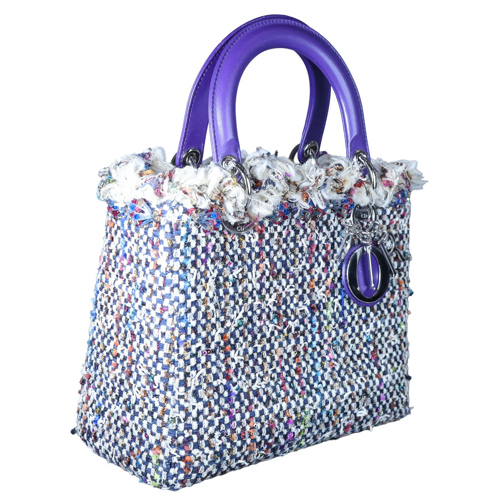 Preowned CHRISTIAN DIOR Lady Dior Medium Tweed x Leather Purple SHW Bag | Luxe Again Maison