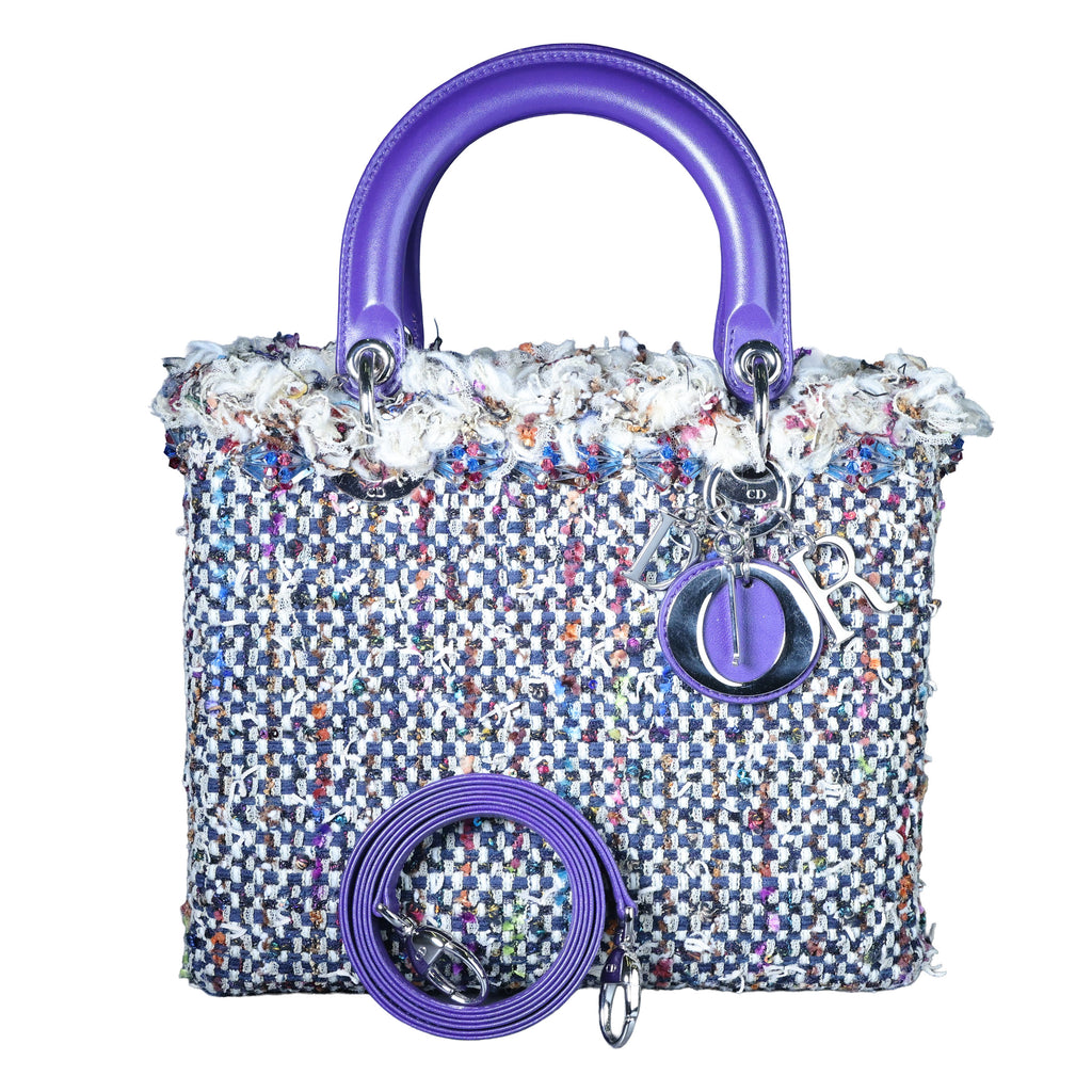 Preowned CHRISTIAN DIOR Lady Dior Medium Tweed x Leather Purple SHW Bag | Luxe Again Maison