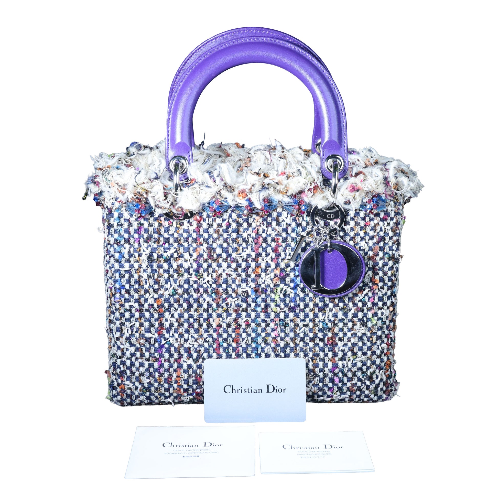 Preowned CHRISTIAN DIOR Lady Dior Medium Tweed x Leather Purple SHW Bag | Luxe Again Maison