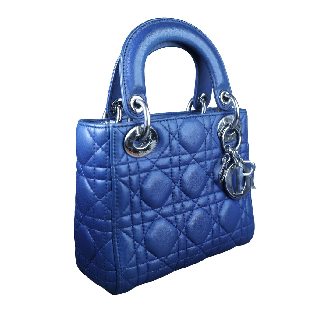 Preowned CHRISTIAN DIOR Lady Dior Mini Leather Blue SHW Bag | Luxe Again Maison