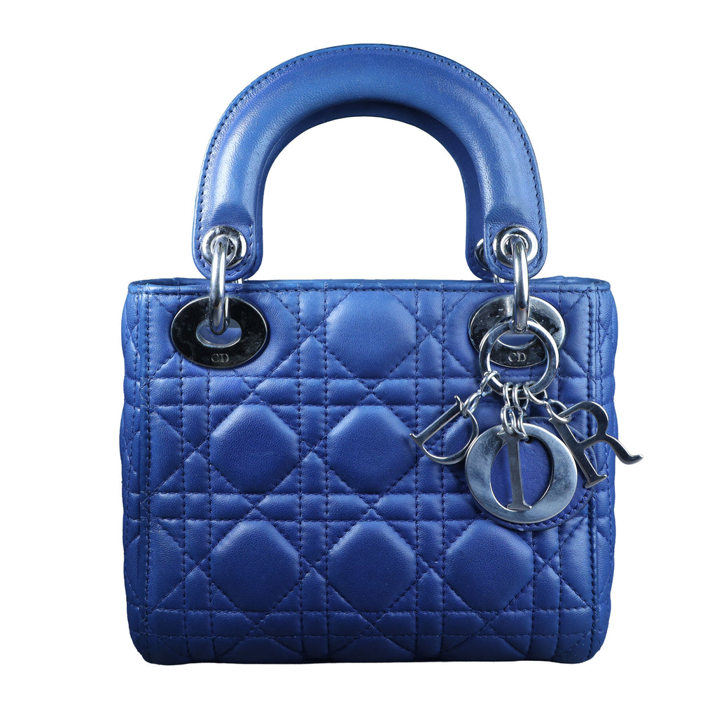 Preowned CHRISTIAN DIOR Lady Dior Mini Leather Blue SHW Bag | Luxe Again Maison