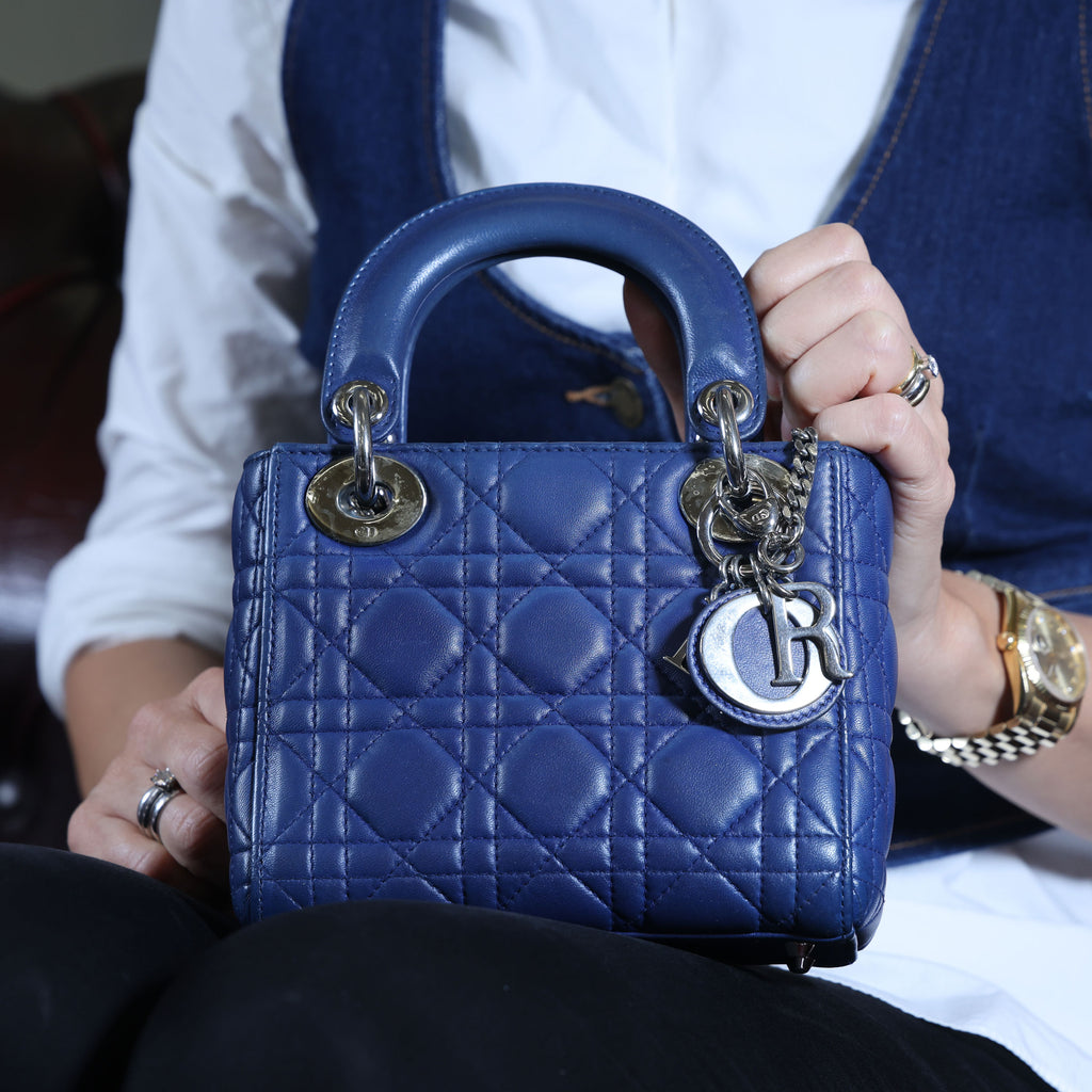 Preowned CHRISTIAN DIOR Lady Dior Mini Leather Blue SHW Bag | Luxe Again Maison