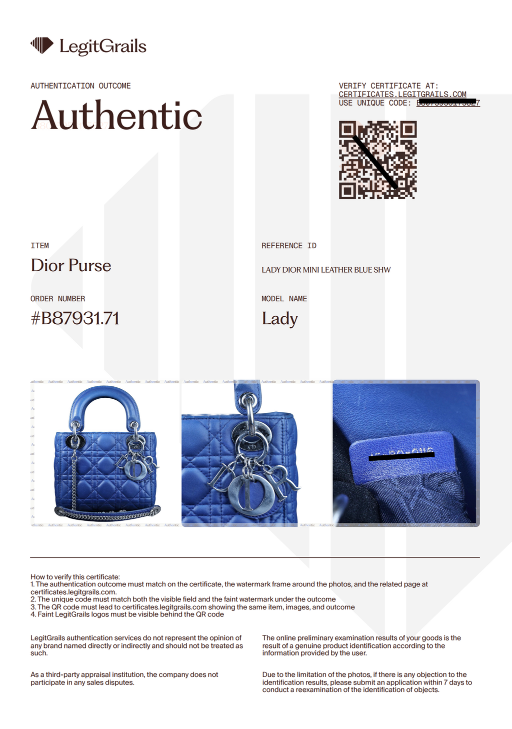 Preowned CHRISTIAN DIOR Lady Dior Mini Leather Blue SHW Bag | Luxe Again Maison