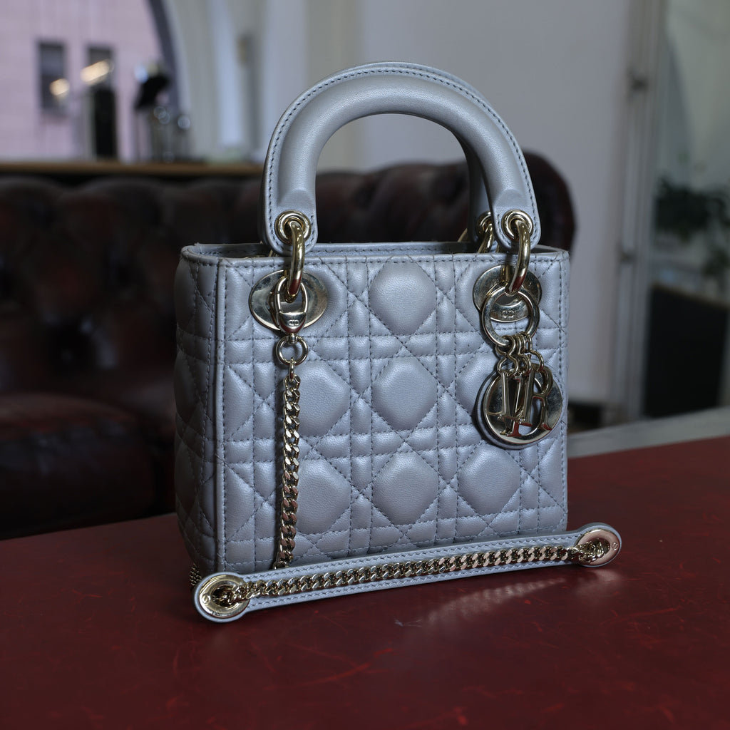 Preowned CHRISTIAN DIOR Mini Lady Dior Bag Opaline Gray Pearlescent Cannage Lambskin | Luxe Again Maison