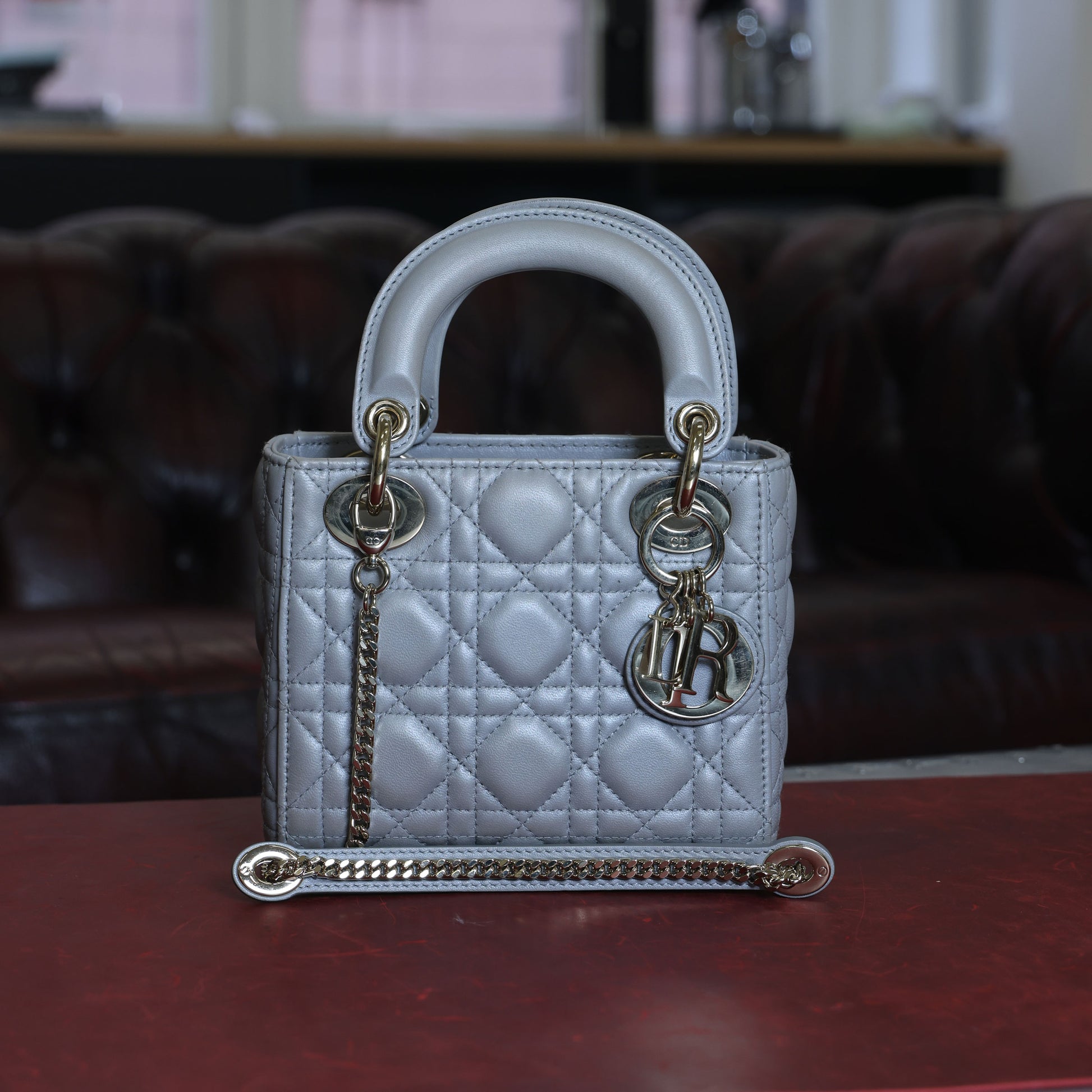 Preowned CHRISTIAN DIOR Mini Lady Dior Bag Opaline Gray Pearlescent Cannage Lambskin | Luxe Again Maison