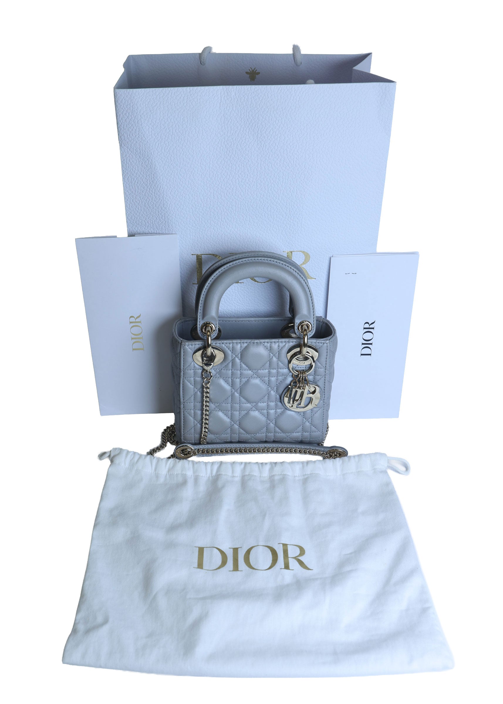Preowned CHRISTIAN DIOR Mini Lady Dior Bag Opaline Gray Pearlescent Cannage Lambskin | Luxe Again Maison
