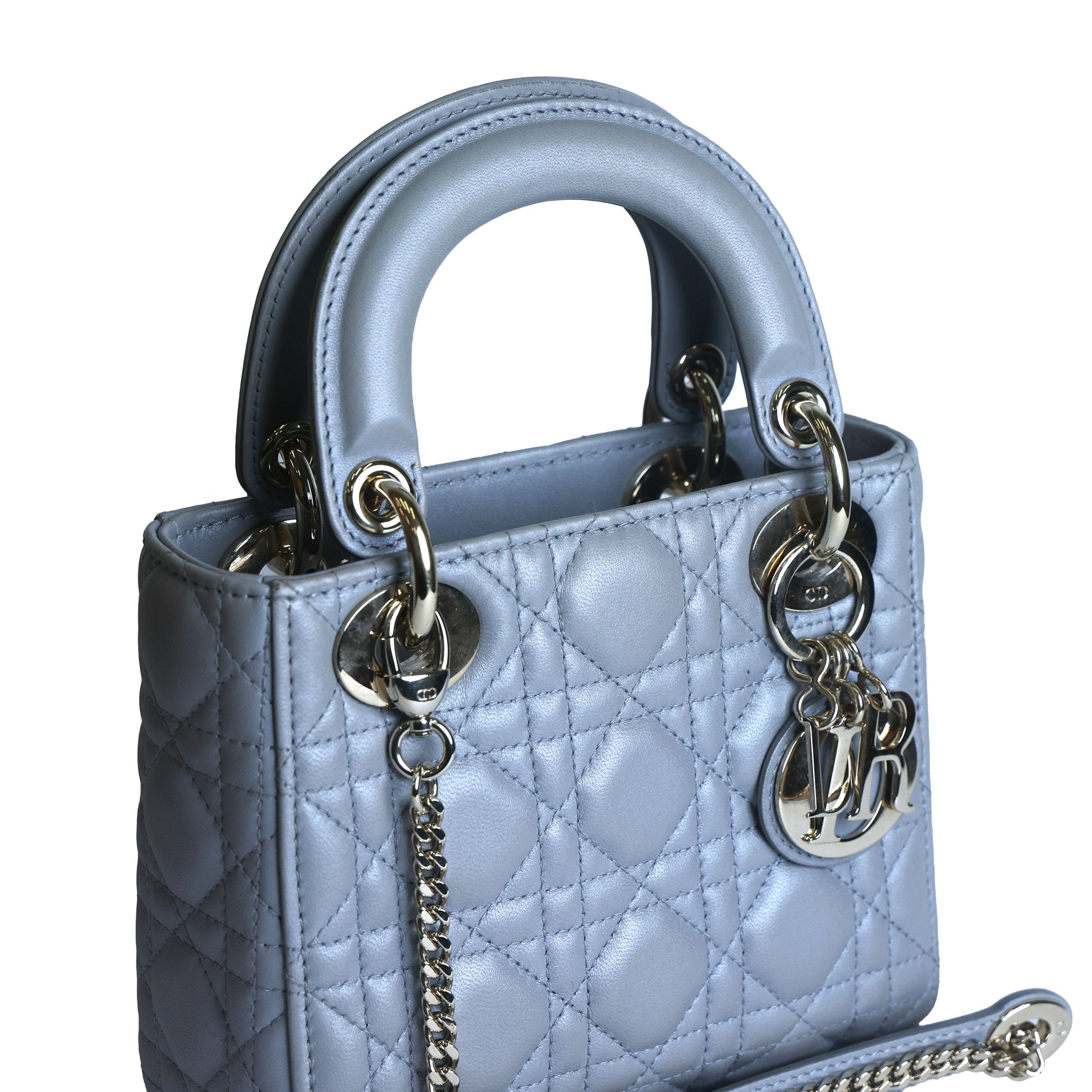 Preowned CHRISTIAN DIOR Mini Lady Dior Bag Opaline Gray Pearlescent Cannage Lambskin | Luxe Again Maison