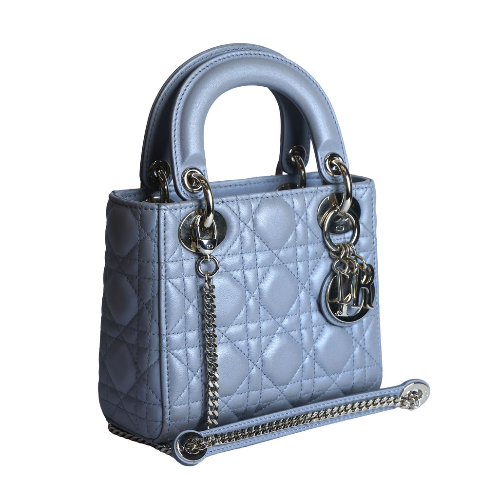 Preowned CHRISTIAN DIOR Mini Lady Dior Bag Opaline Gray Pearlescent Cannage Lambskin | Luxe Again Maison