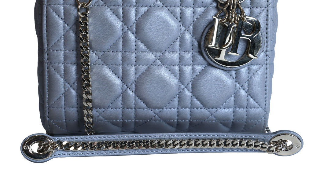 Preowned CHRISTIAN DIOR Mini Lady Dior Bag Opaline Gray Pearlescent Cannage Lambskin | Luxe Again Maison