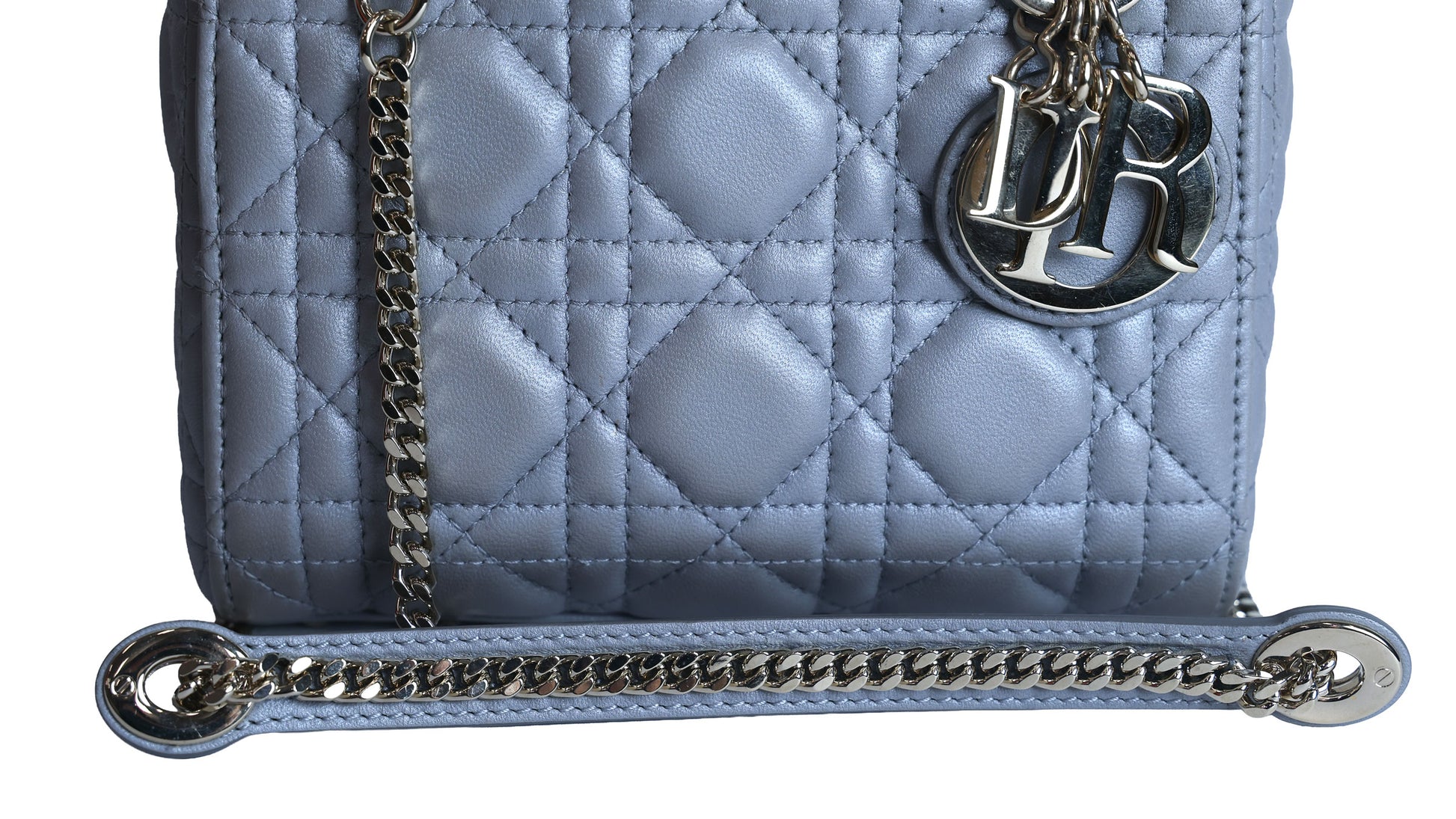 Preowned CHRISTIAN DIOR Mini Lady Dior Bag Opaline Gray Pearlescent Cannage Lambskin | Luxe Again Maison