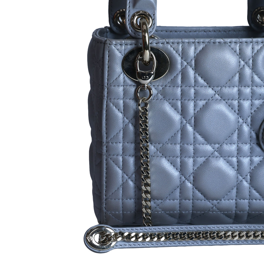 Preowned CHRISTIAN DIOR Mini Lady Dior Bag Opaline Gray Pearlescent Cannage Lambskin | Luxe Again Maison