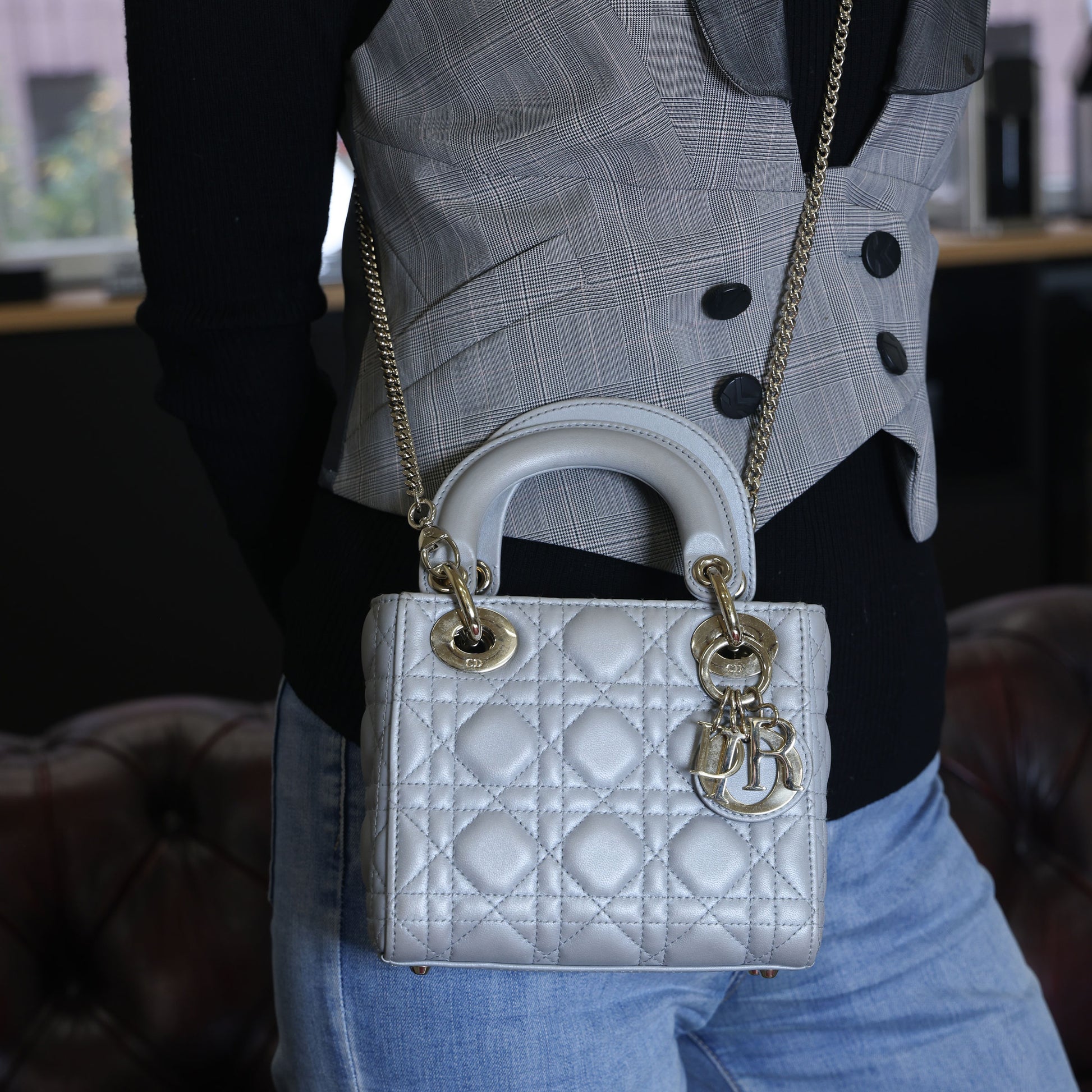 Preowned CHRISTIAN DIOR Mini Lady Dior Bag Opaline Gray Pearlescent Cannage Lambskin | Luxe Again Maison