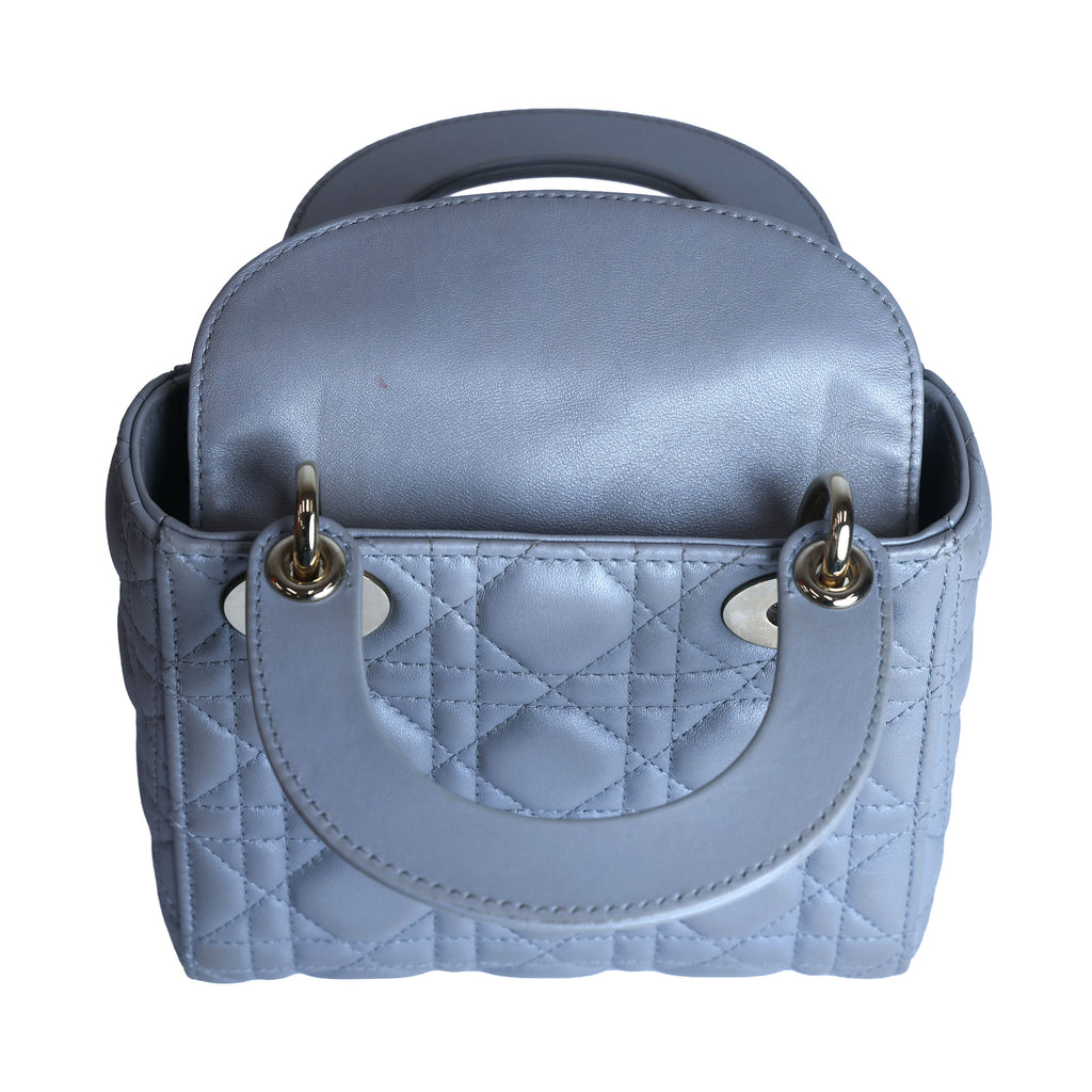 Preowned CHRISTIAN DIOR Mini Lady Dior Bag Opaline Gray Pearlescent Cannage Lambskin | Luxe Again Maison