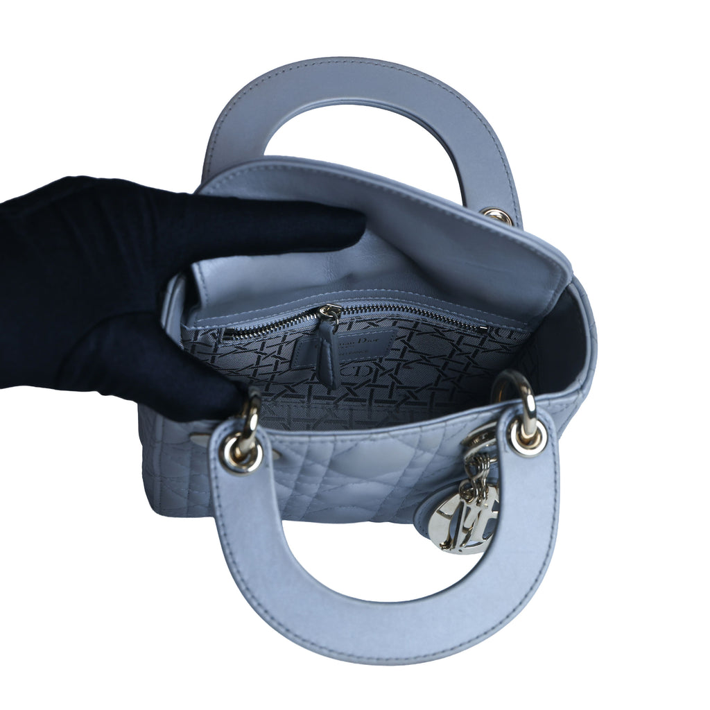 Preowned CHRISTIAN DIOR Mini Lady Dior Bag Opaline Gray Pearlescent Cannage Lambskin | Luxe Again Maison