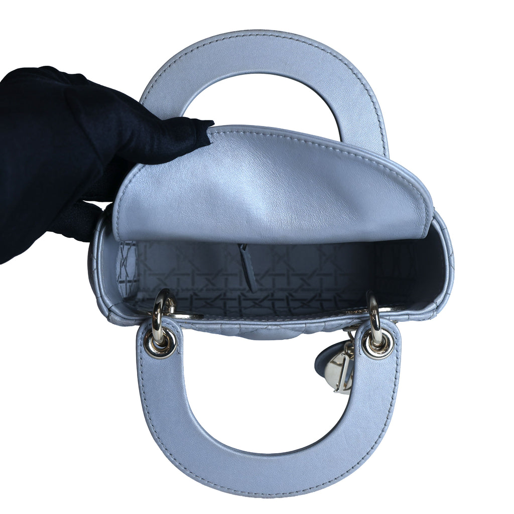 Preowned CHRISTIAN DIOR Mini Lady Dior Bag Opaline Gray Pearlescent Cannage Lambskin | Luxe Again Maison