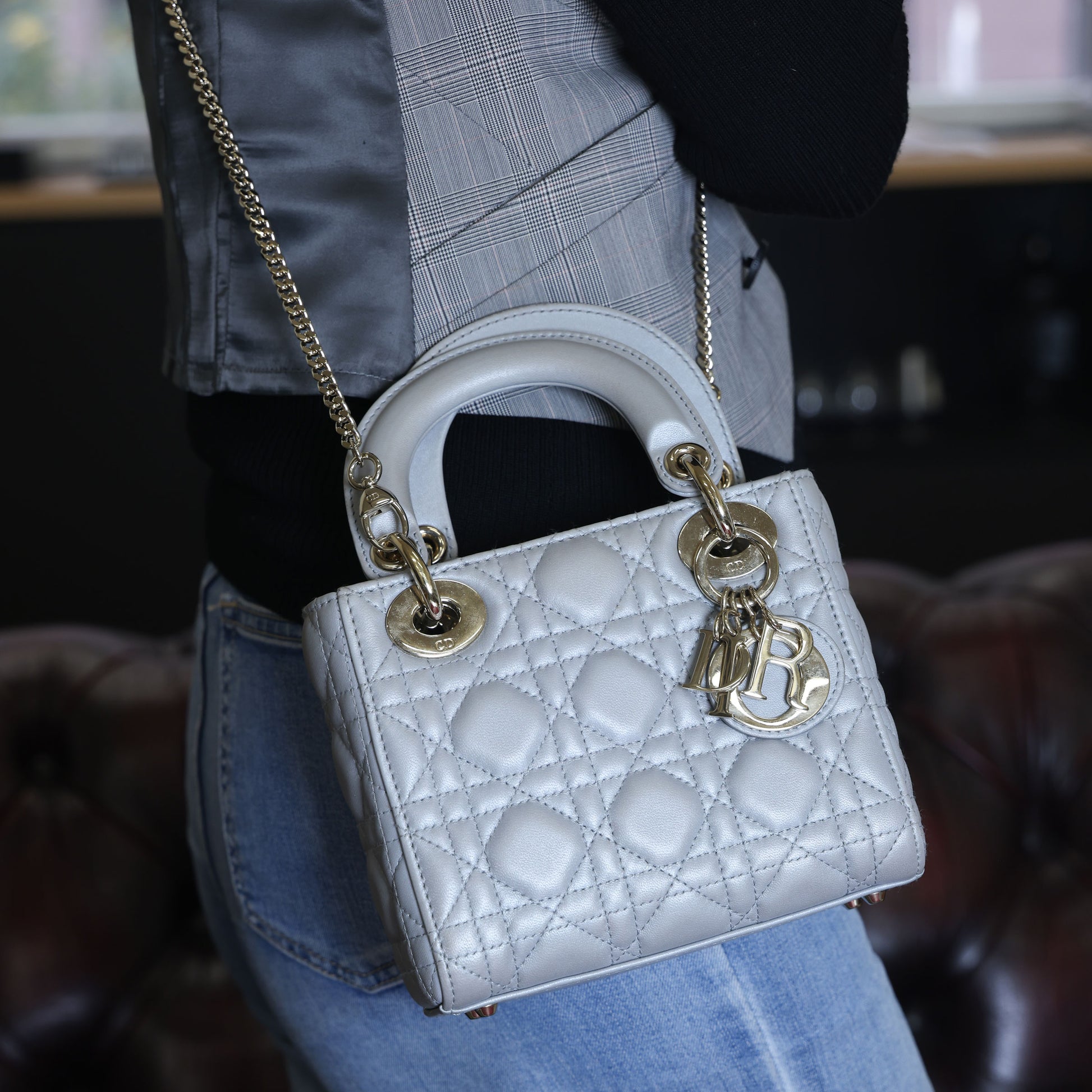 Preowned CHRISTIAN DIOR Mini Lady Dior Bag Opaline Gray Pearlescent Cannage Lambskin | Luxe Again Maison