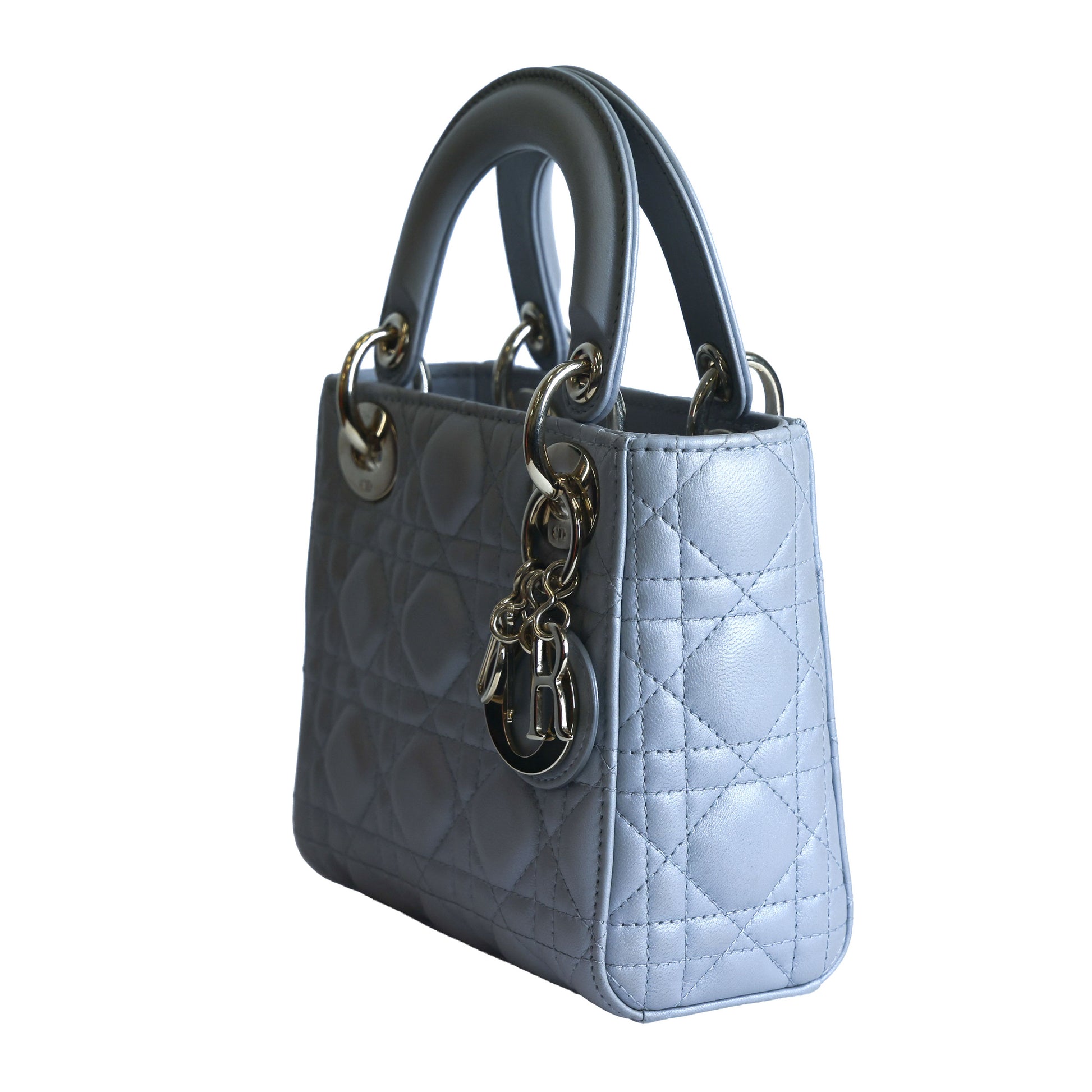 Preowned CHRISTIAN DIOR Mini Lady Dior Bag Opaline Gray Pearlescent Cannage Lambskin | Luxe Again Maison