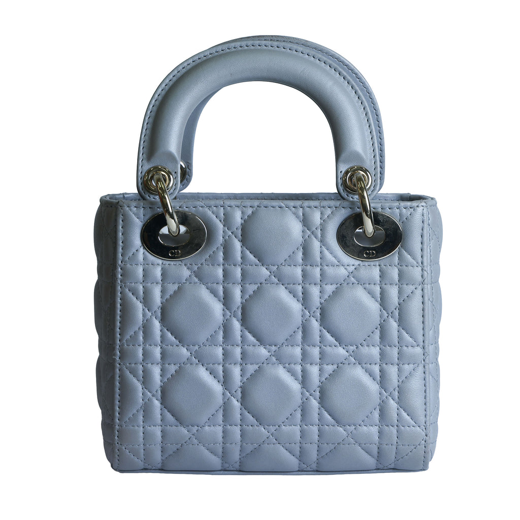 Preowned CHRISTIAN DIOR Mini Lady Dior Bag Opaline Gray Pearlescent Cannage Lambskin | Luxe Again Maison