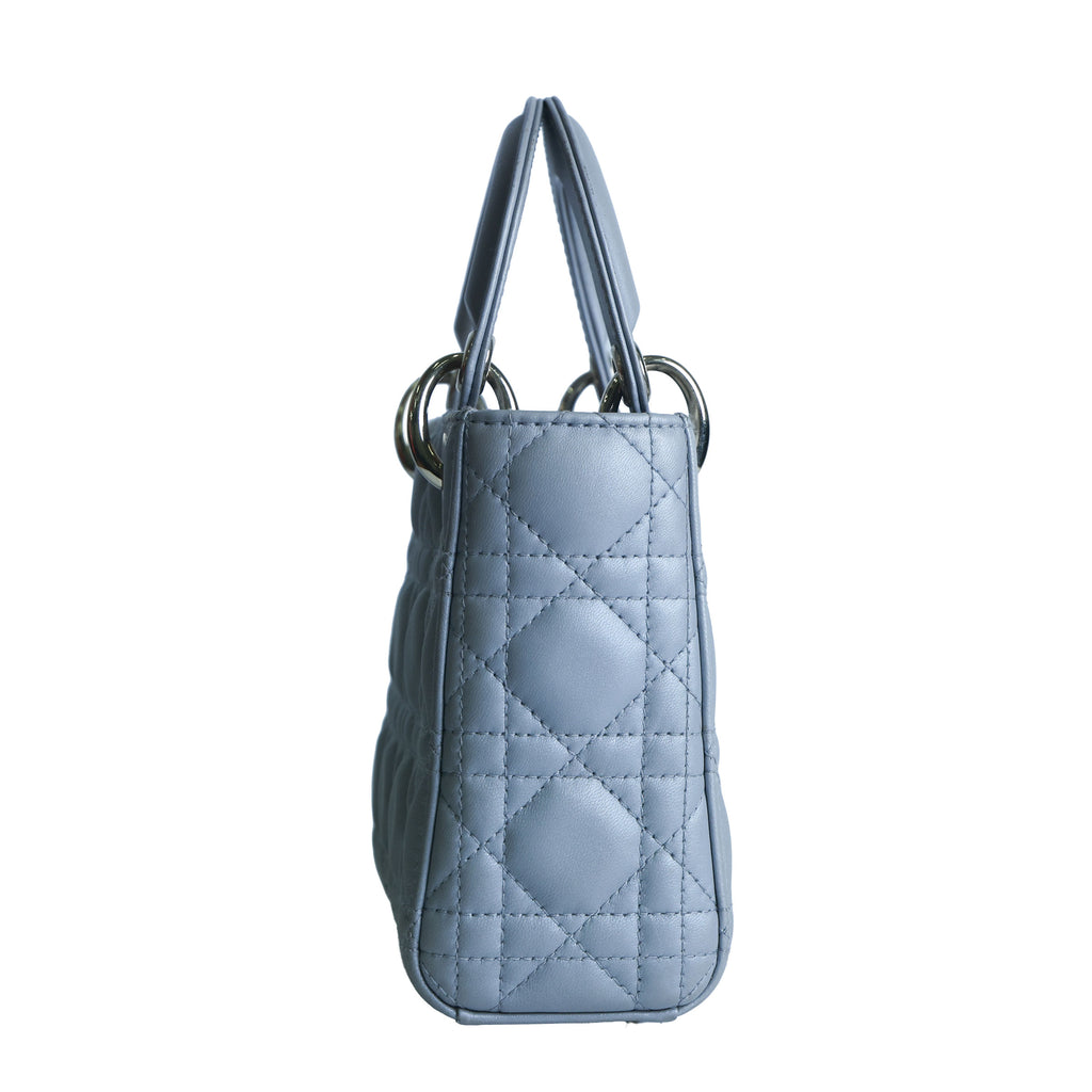 Preowned CHRISTIAN DIOR Mini Lady Dior Bag Opaline Gray Pearlescent Cannage Lambskin | Luxe Again Maison