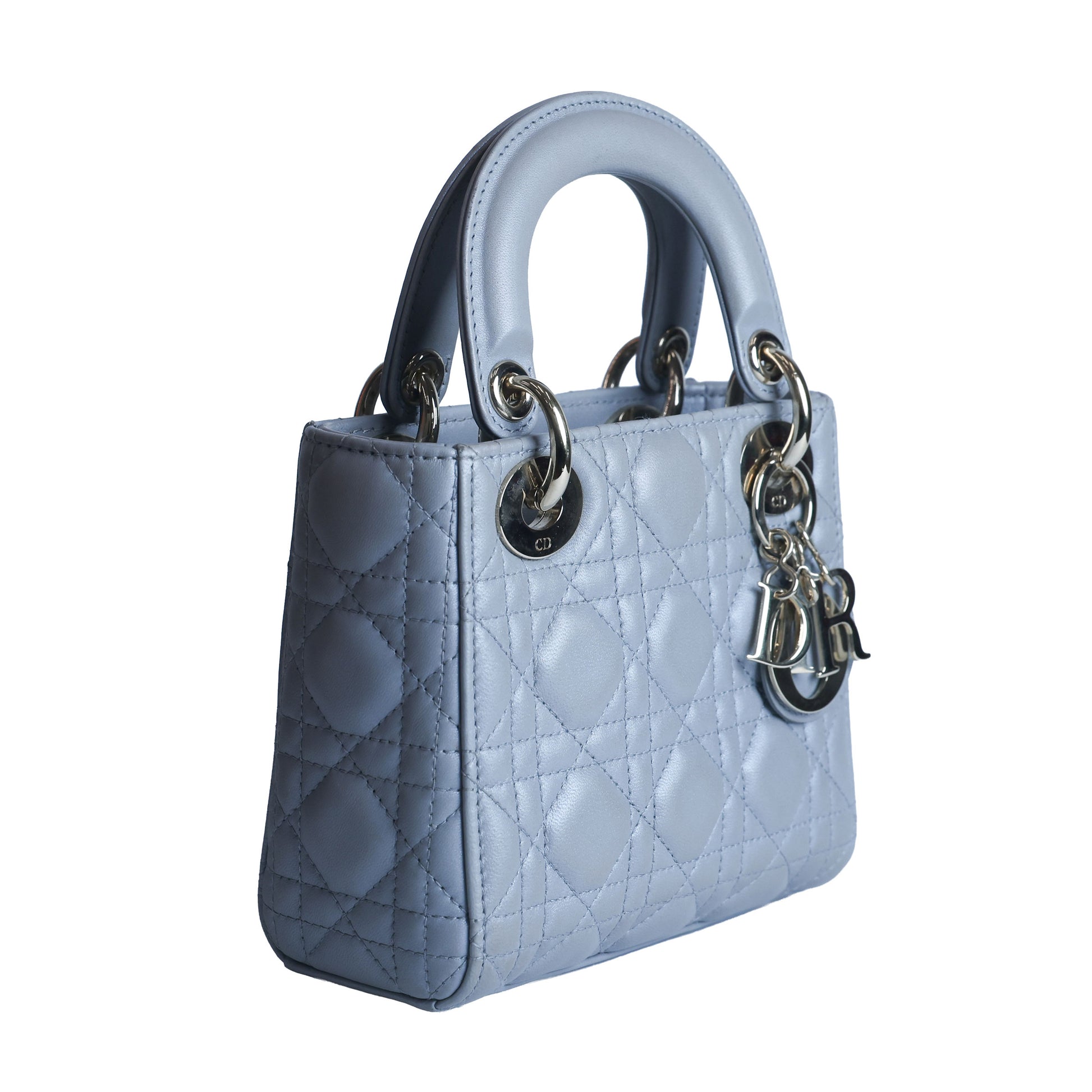 Preowned CHRISTIAN DIOR Mini Lady Dior Bag Opaline Gray Pearlescent Cannage Lambskin | Luxe Again Maison