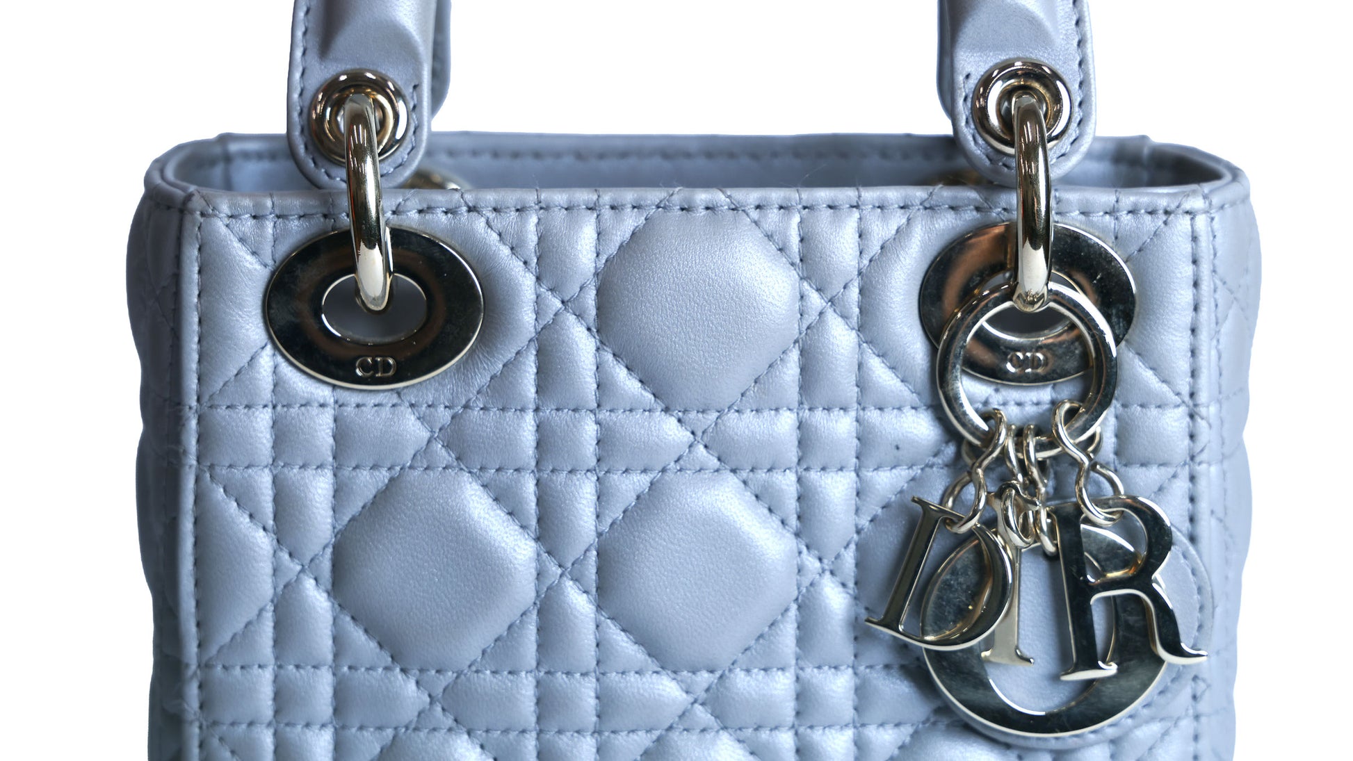 Preowned CHRISTIAN DIOR Mini Lady Dior Bag Opaline Gray Pearlescent Cannage Lambskin | Luxe Again Maison